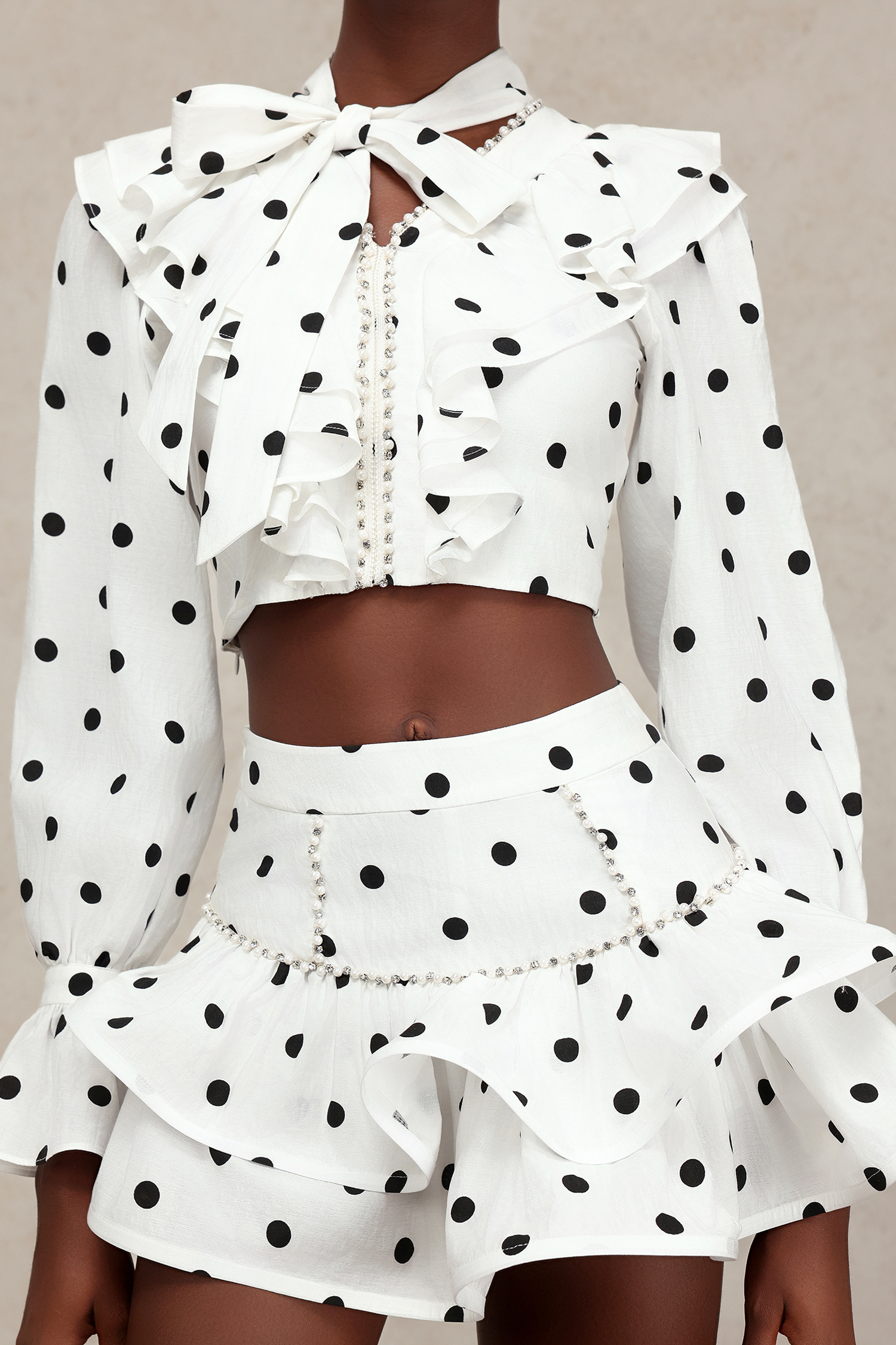 Nialla Long Sleeves Dot Printed Pearl Folds Bowknot Top And Skirt Two-Piece Set
