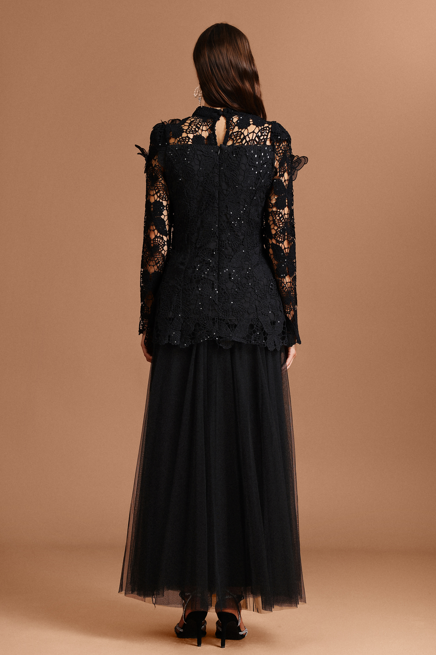 Okama Long Sleeve Folds Lace Butterfly Top And Skirt Two-Piece Set