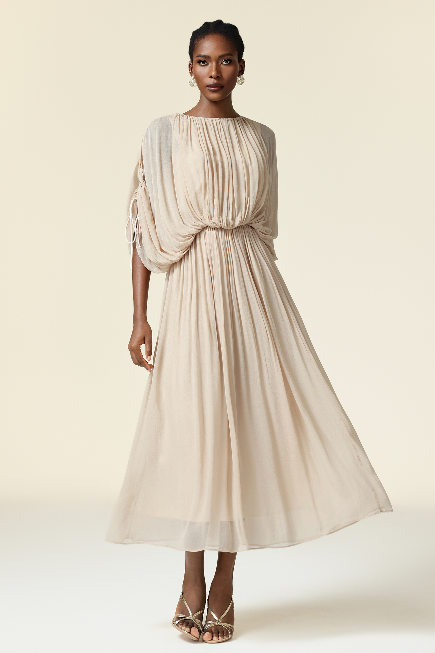 Rue Elbow Sleeve Folds Maxi Dress