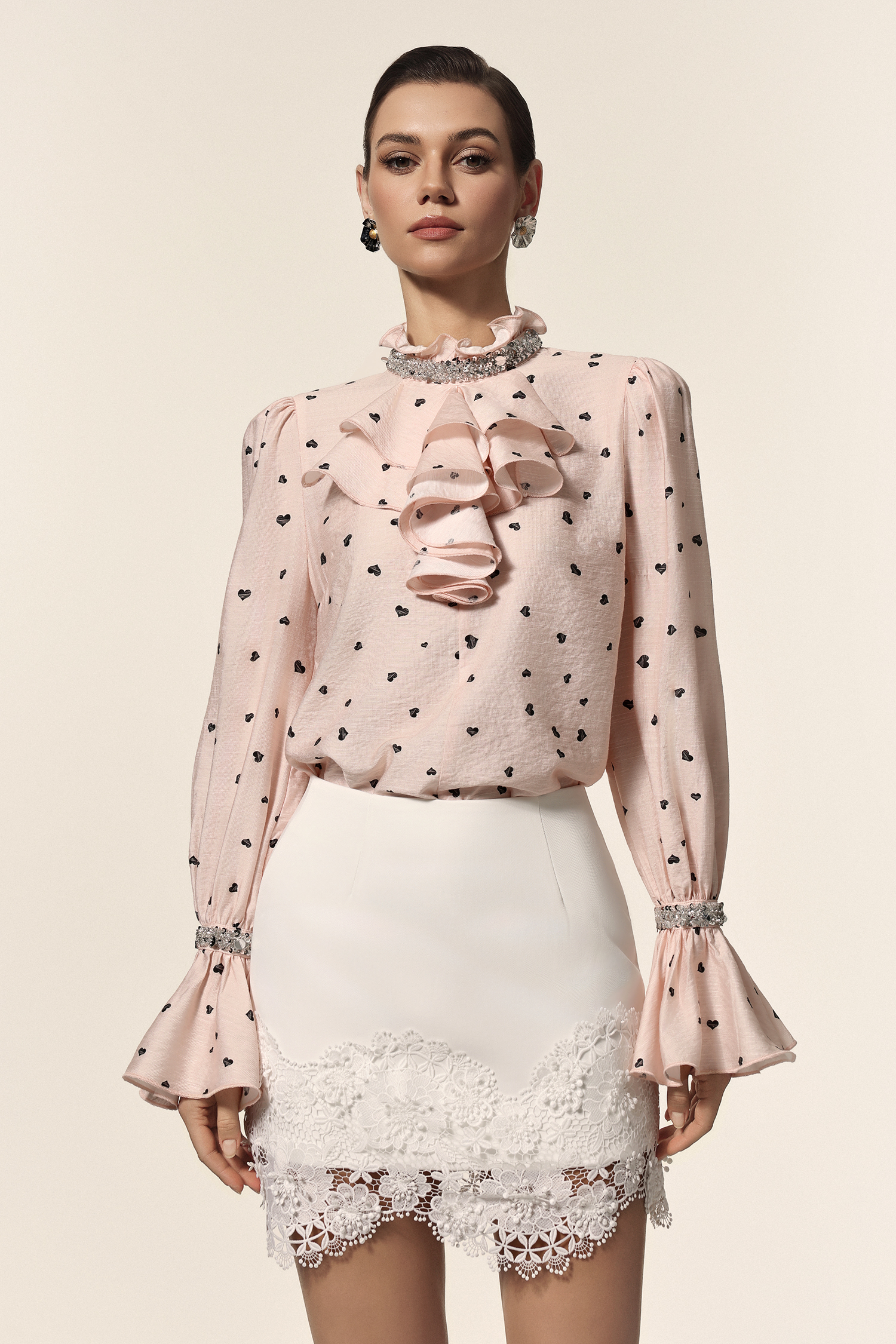 Krome Folds Dot Printed Sequin Lace Top And Skirt Two-Piece Set