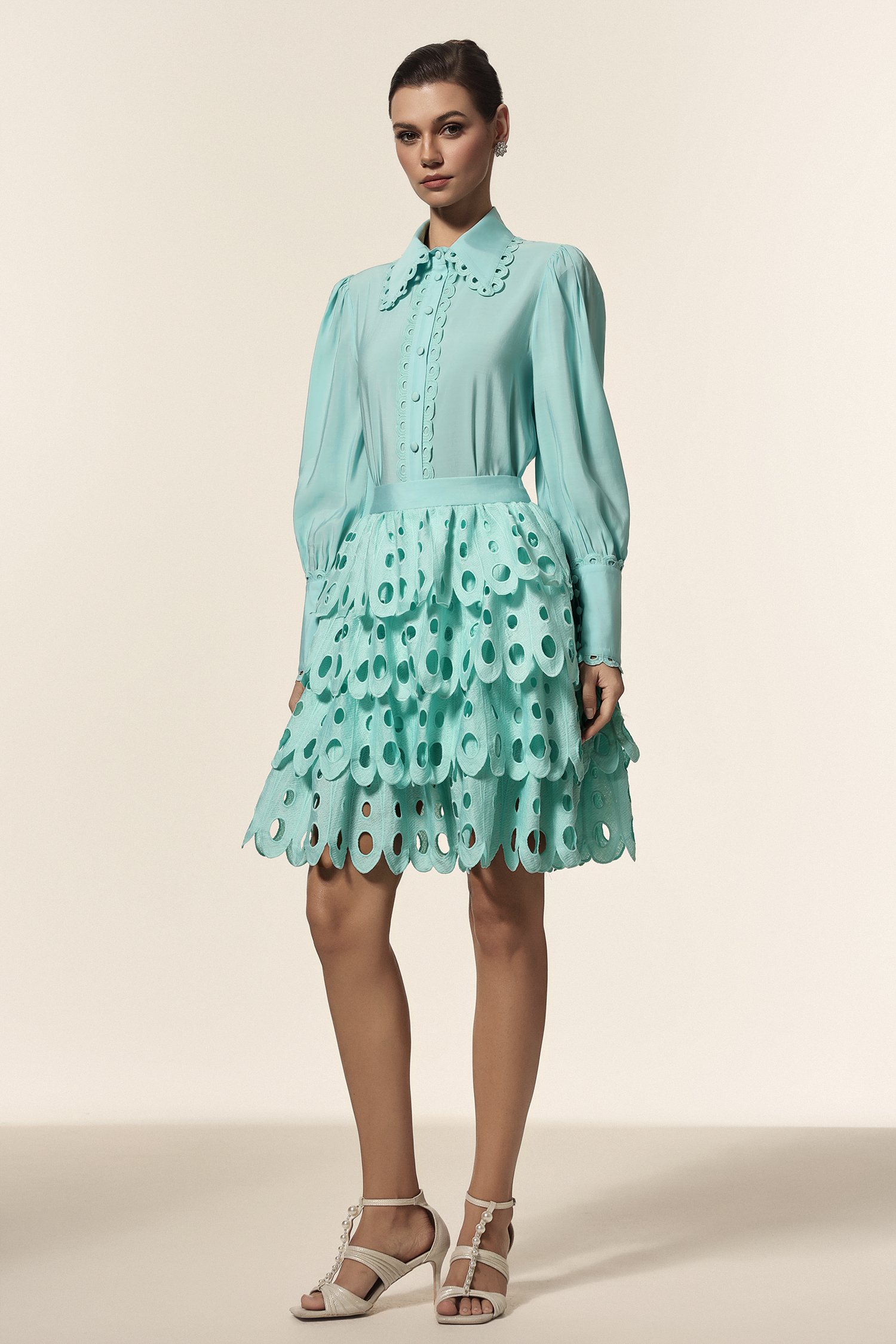 Hainsley Lapel Long Sleeves Folds Top And Skirt Two-Piece Set