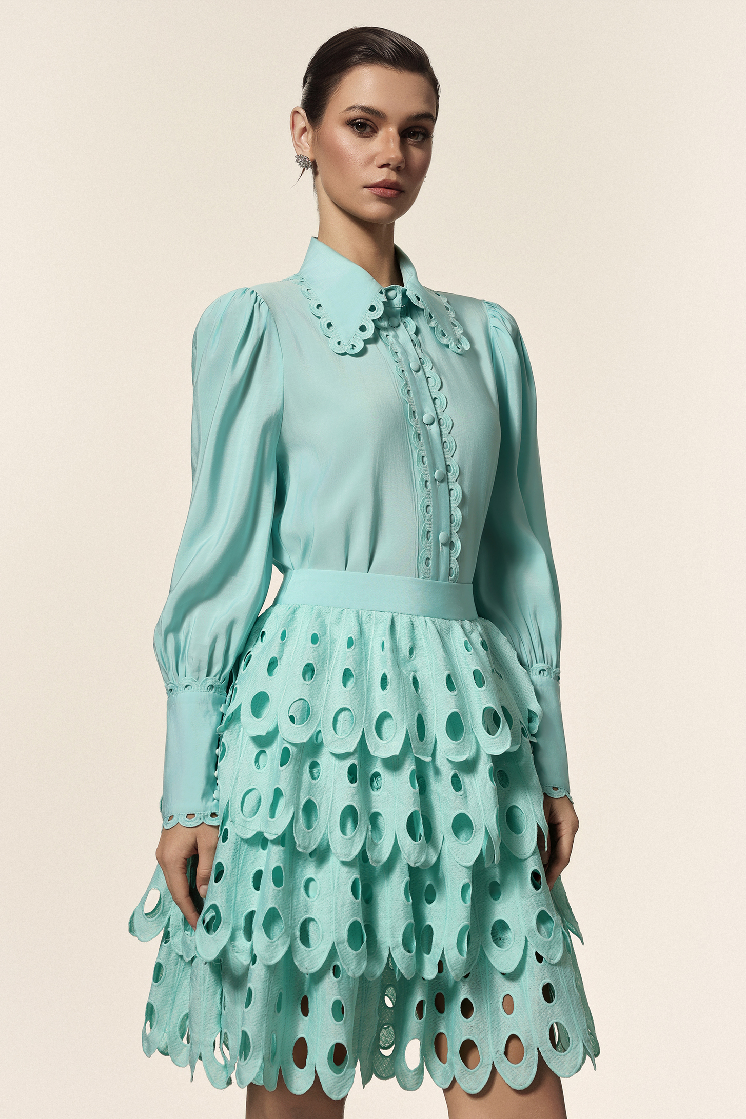 Hainsley Lapel Long Sleeves Folds Top And Skirt Two-Piece Set