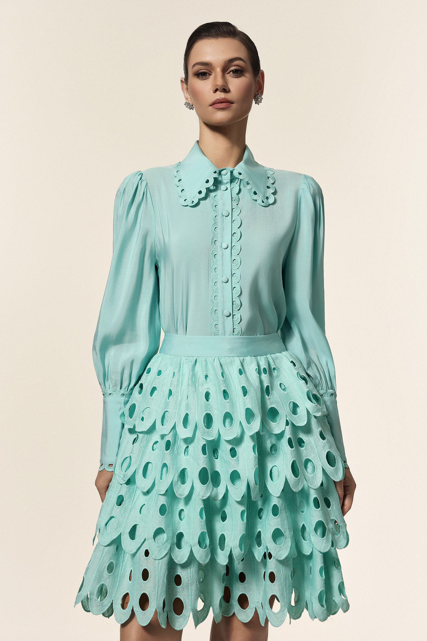 Hainsley Lapel Long Sleeves Folds Top And Skirt Two-Piece Set