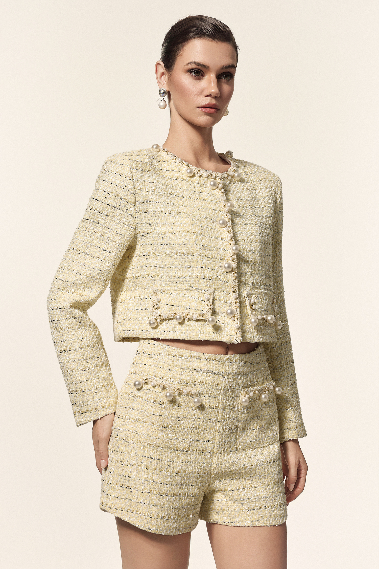 Giela Round Neck Long Sleeves Pearl Top And Shorts Two-Piece Set