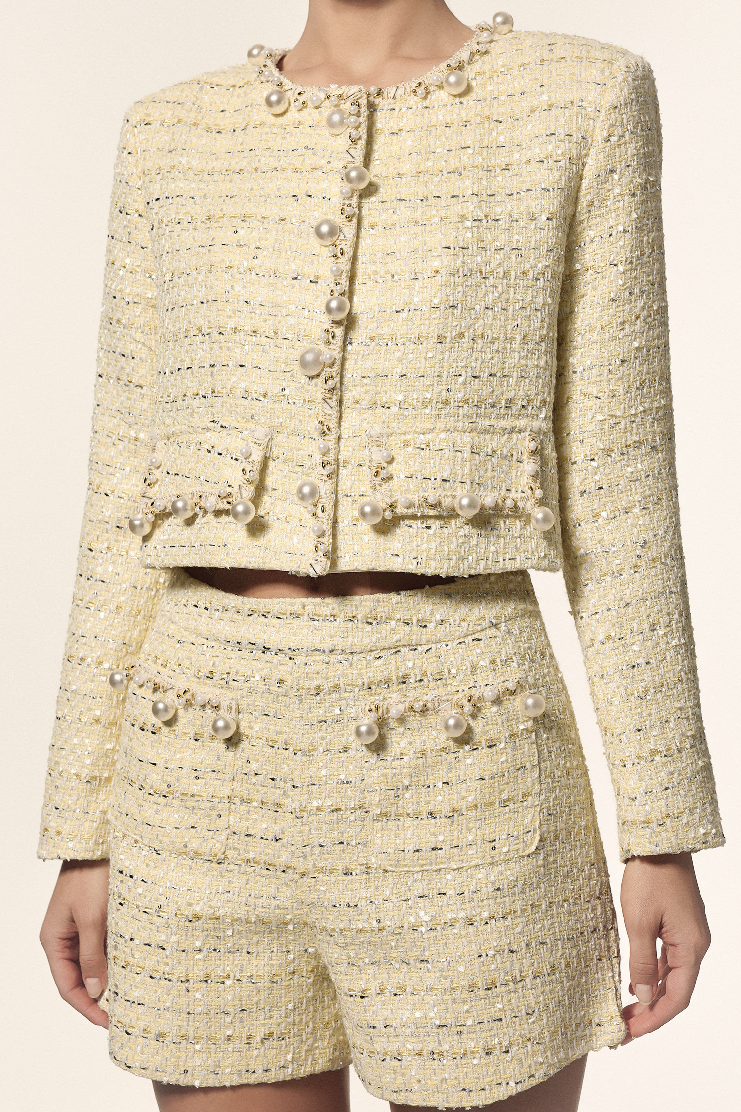 Giela Round Neck Long Sleeves Pearl Top And Shorts Two-Piece Set