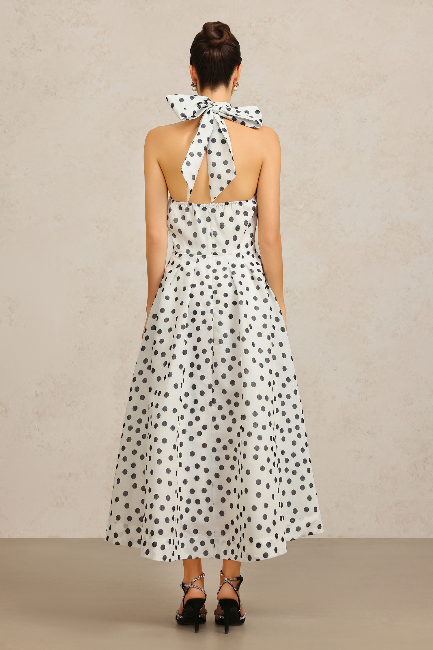 Sliya leeveless Bowknot Dot Printed Hollow Out Maxi Dress