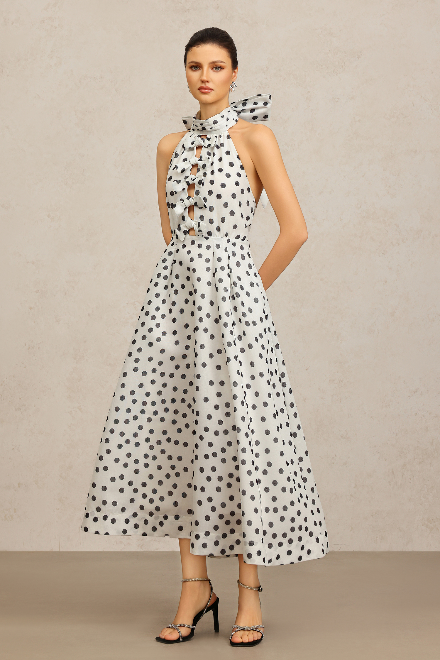 Sliya leeveless Bowknot Dot Printed Hollow Out Maxi Dress