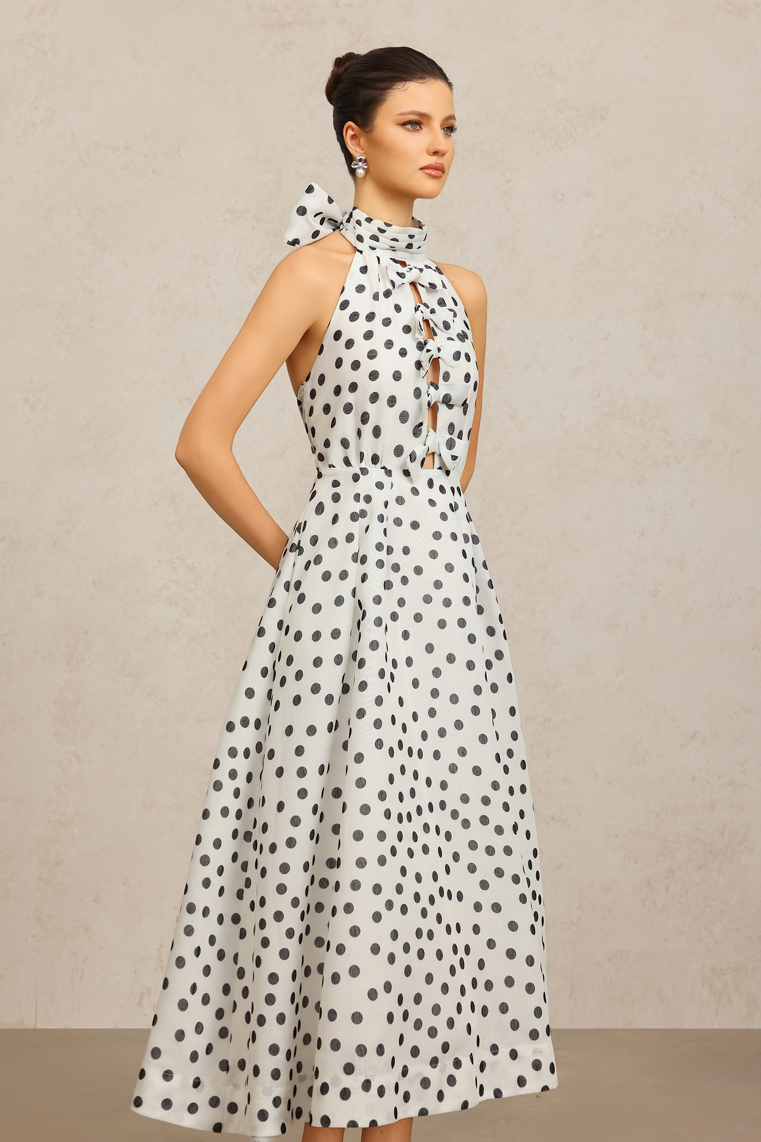 Sliya leeveless Bowknot Dot Printed Hollow Out Maxi Dress