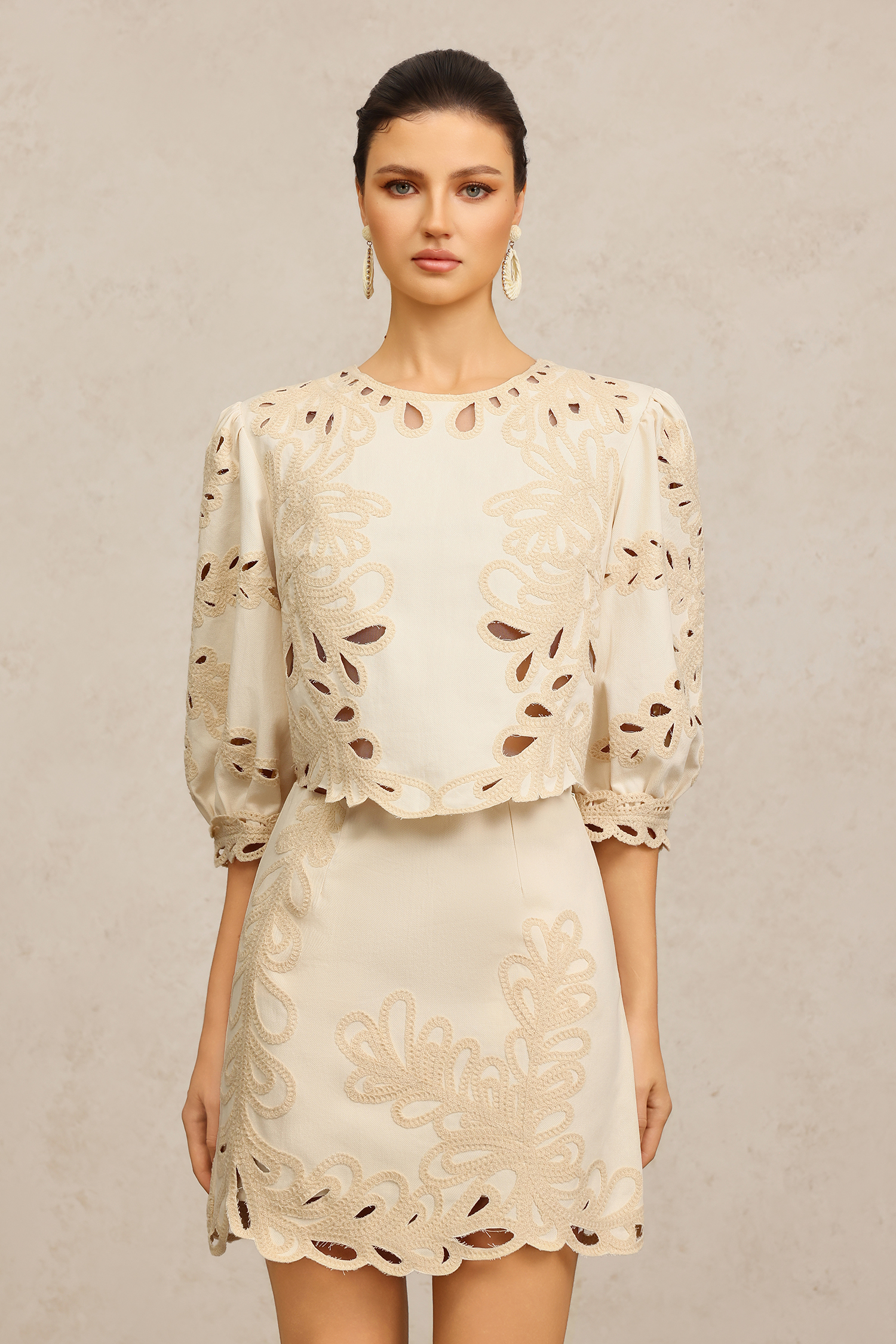 Fawn Round Neck Elbow Sleeves Embroidery Top And Skirt Two-Piece Set