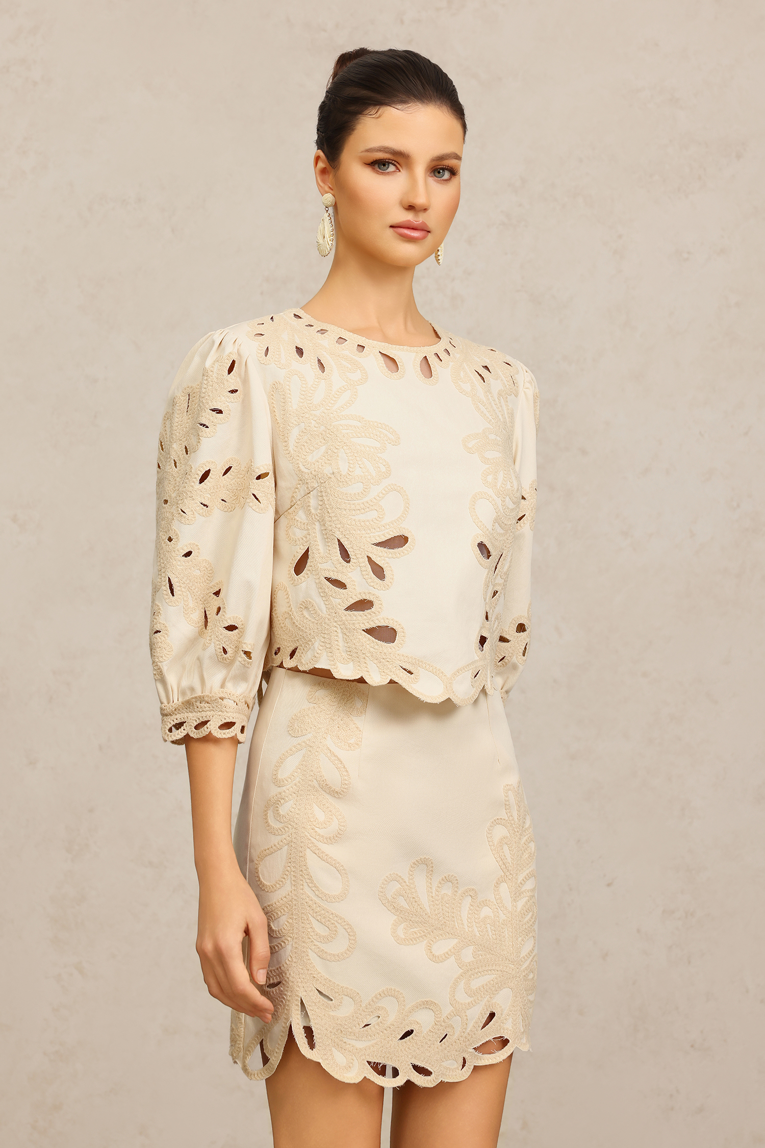 Fawn Round Neck Elbow Sleeves Embroidery Top And Skirt Two-Piece Set