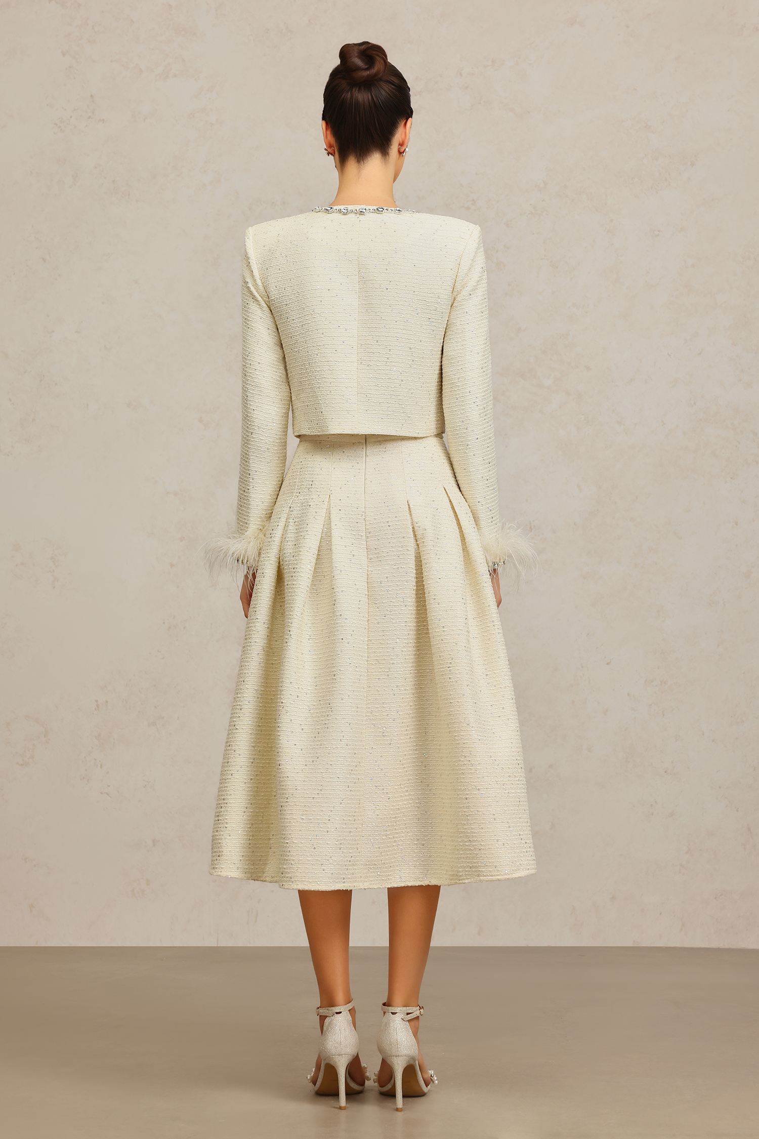 Werko Round Neck Long Sleeves Diamond Artificial Feather Top And Skirt Two-Piece Set