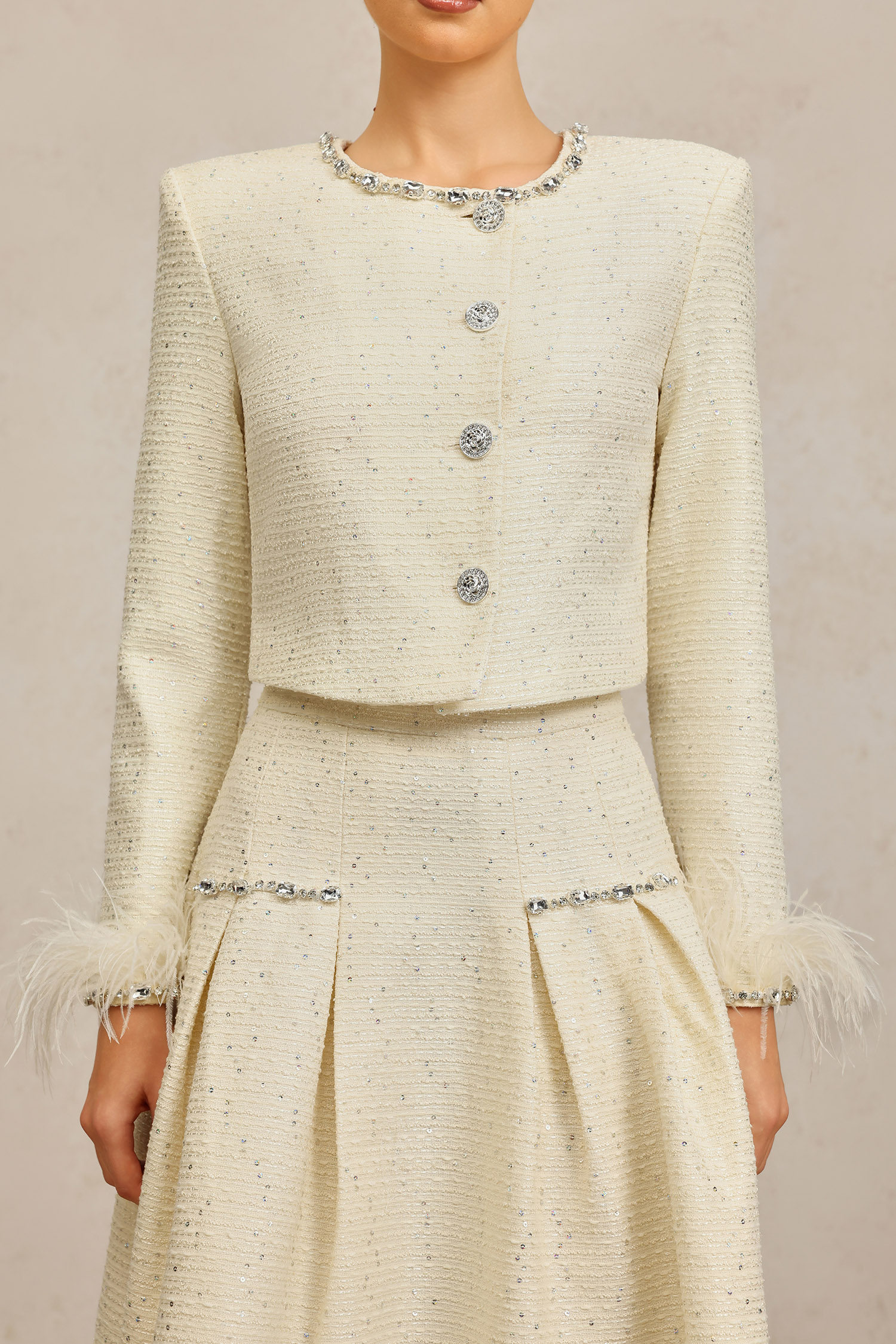 Werko Round Neck Long Sleeves Diamond Artificial Feather Top And Skirt Two-Piece Set