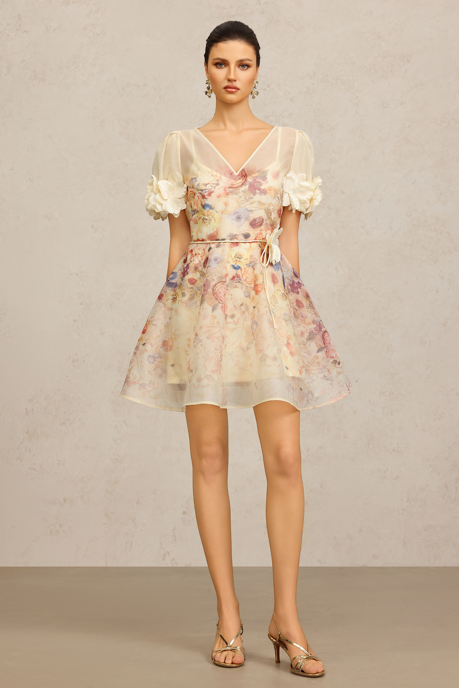 Xezey V-Neck Short Sleeves Flowers Printed Mini Dress