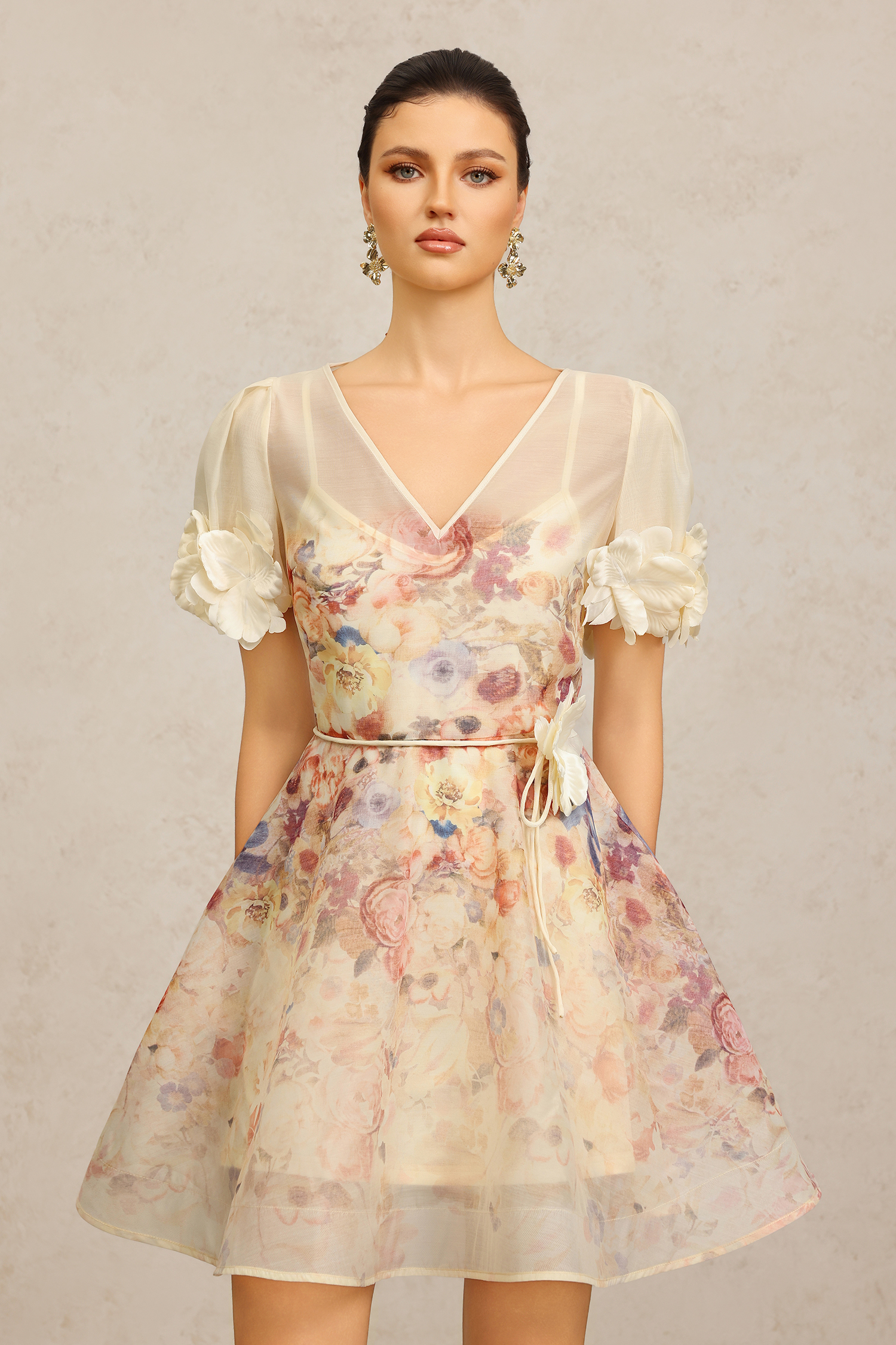 Xezey V-Neck Short Sleeves Flowers Printed Mini Dress