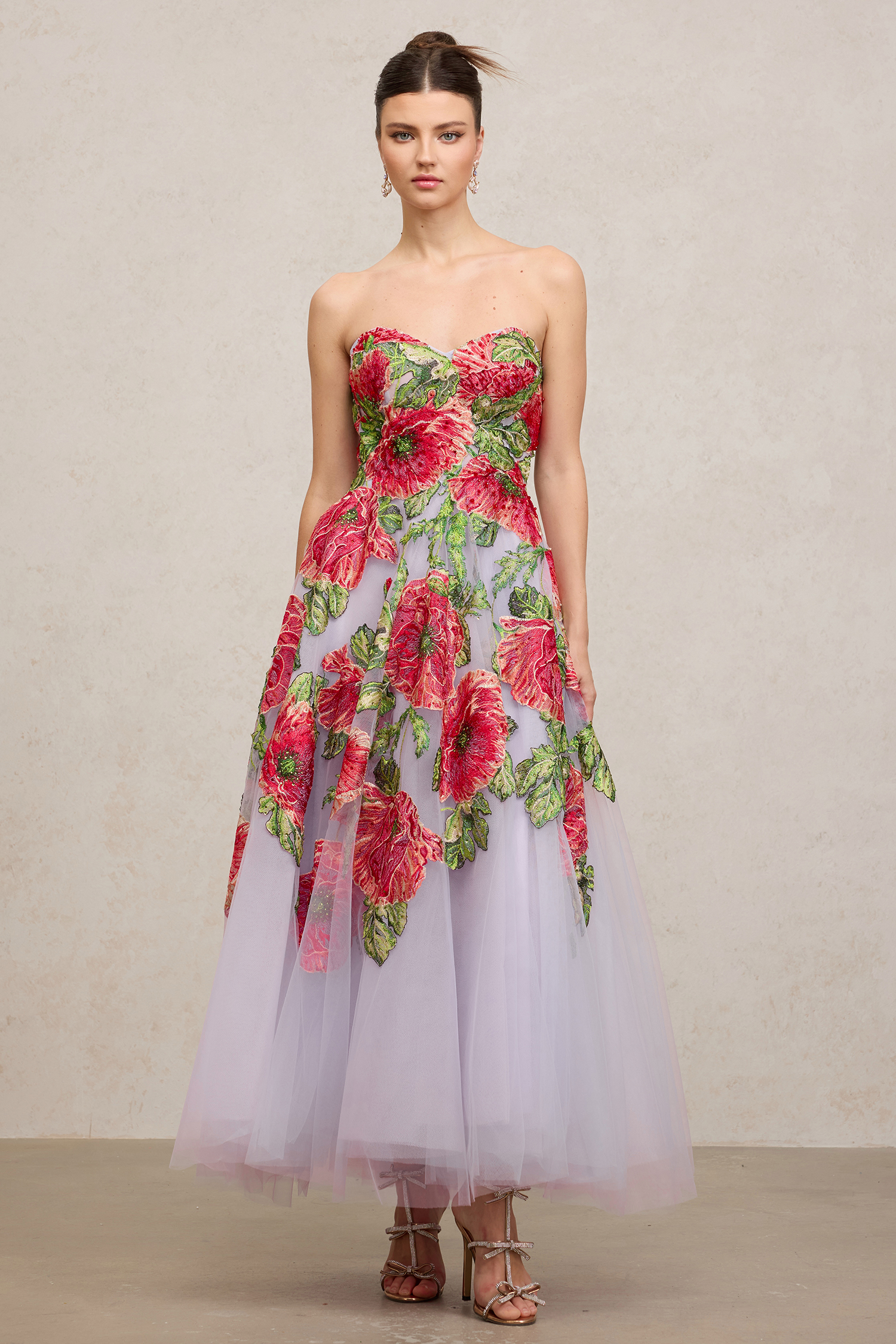 Floral Embroidered Tulle Long Gown
