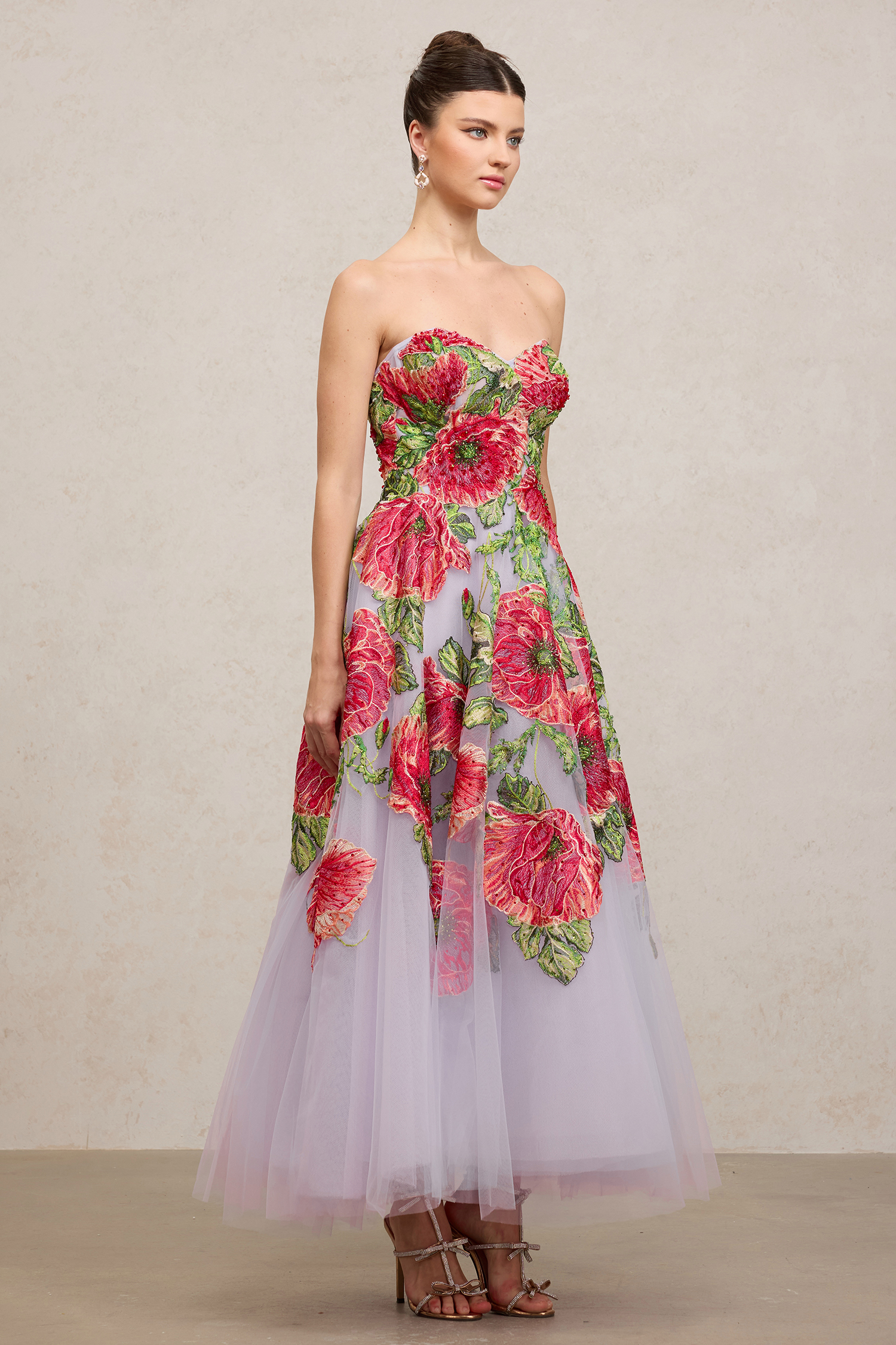 Floral Embroidered Tulle Long Gown