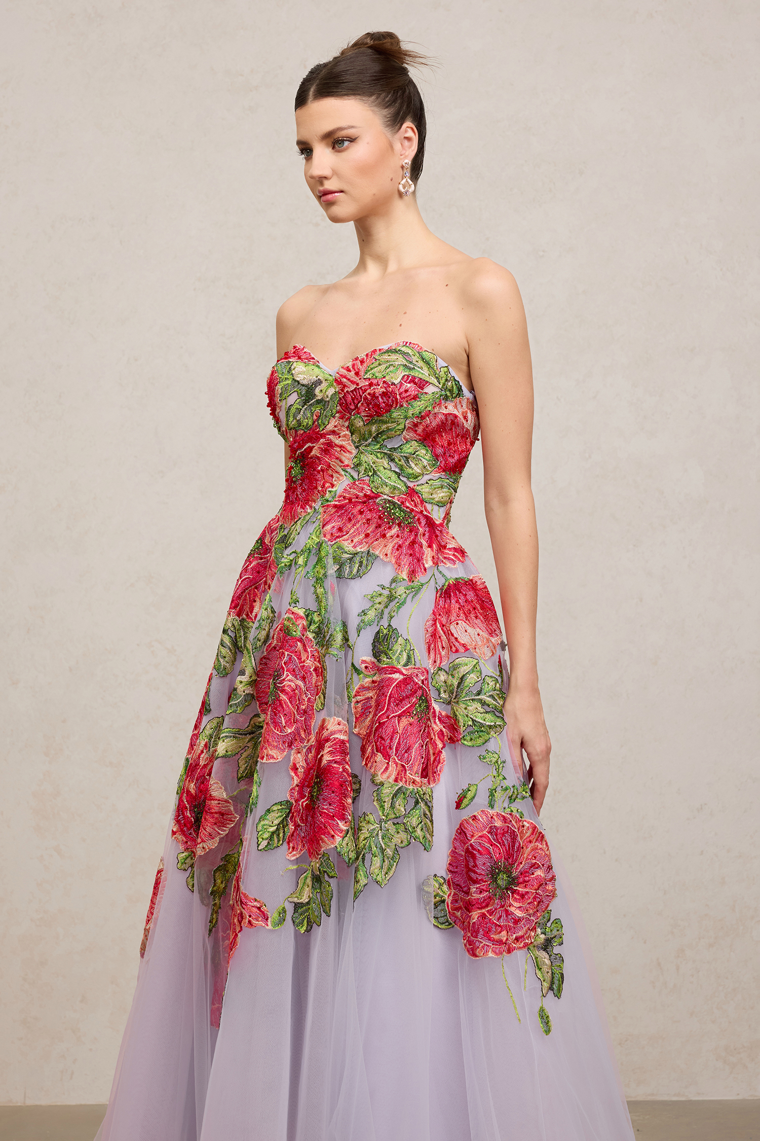 Floral Embroidered Tulle Long Gown