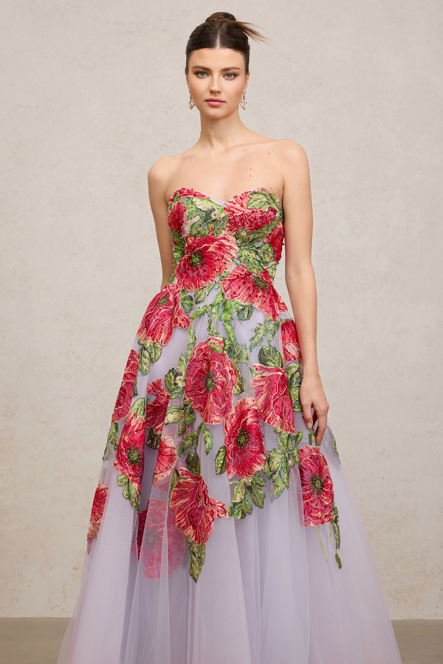 Floral Embroidered Tulle Long Gown