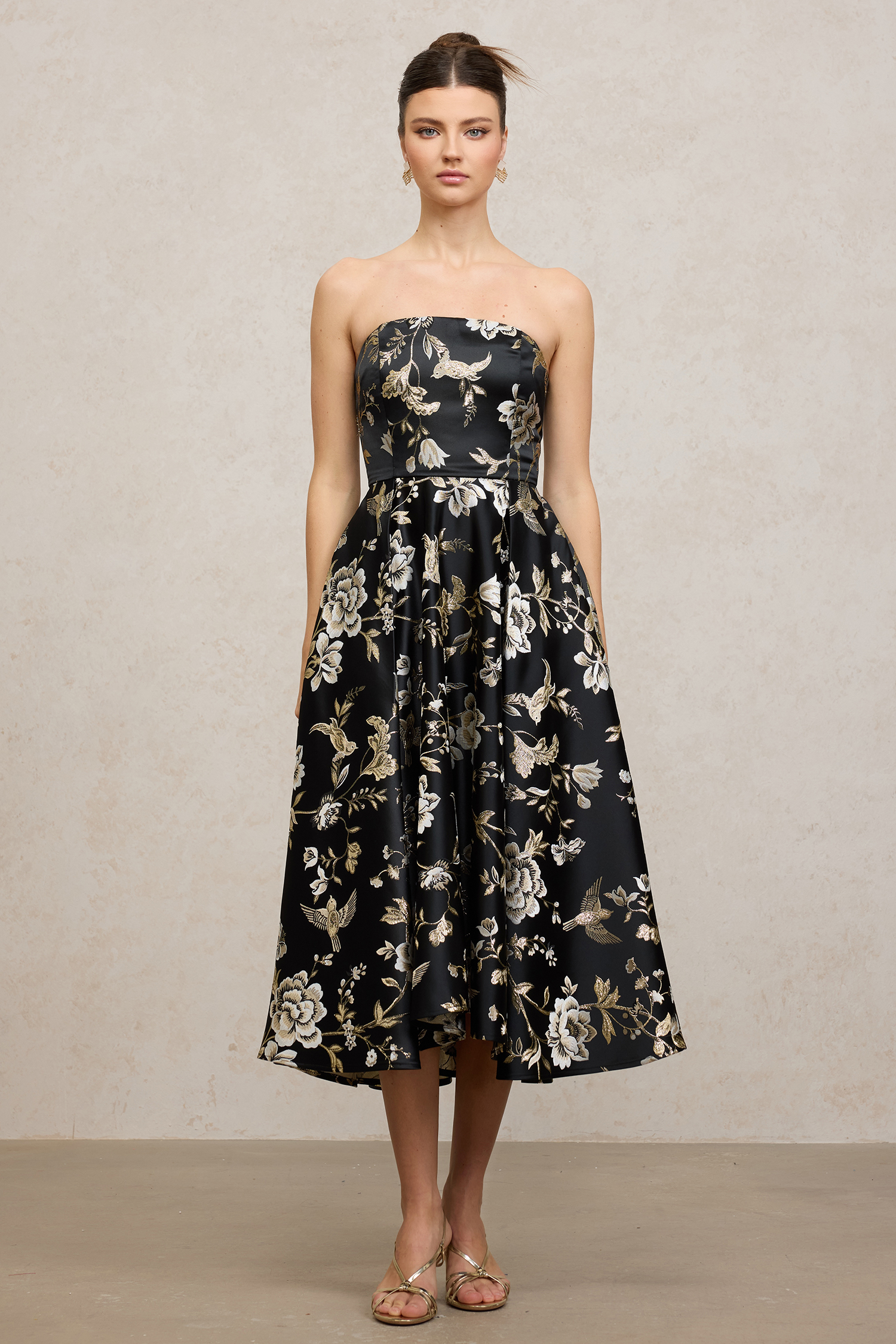 Floral - Patterned Satin Midi Dress