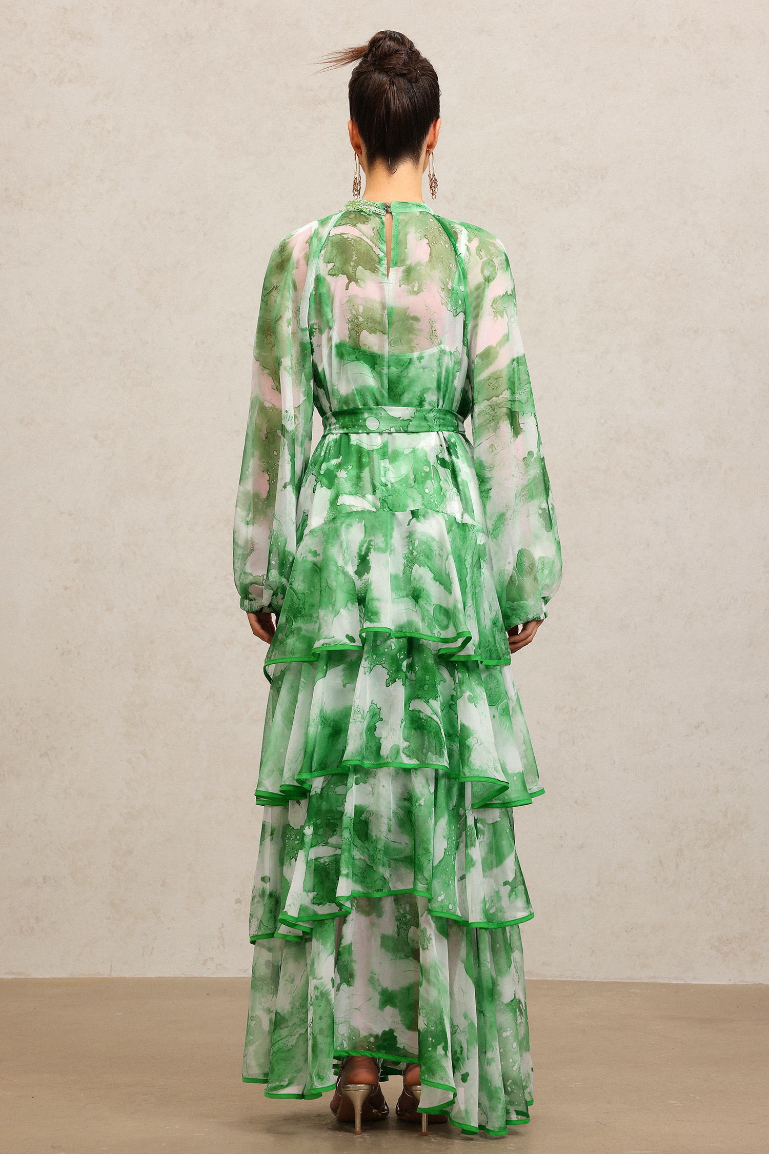 Jolie Round Neck Long Sleeves Floral Printed Folds Green Maxi Dress