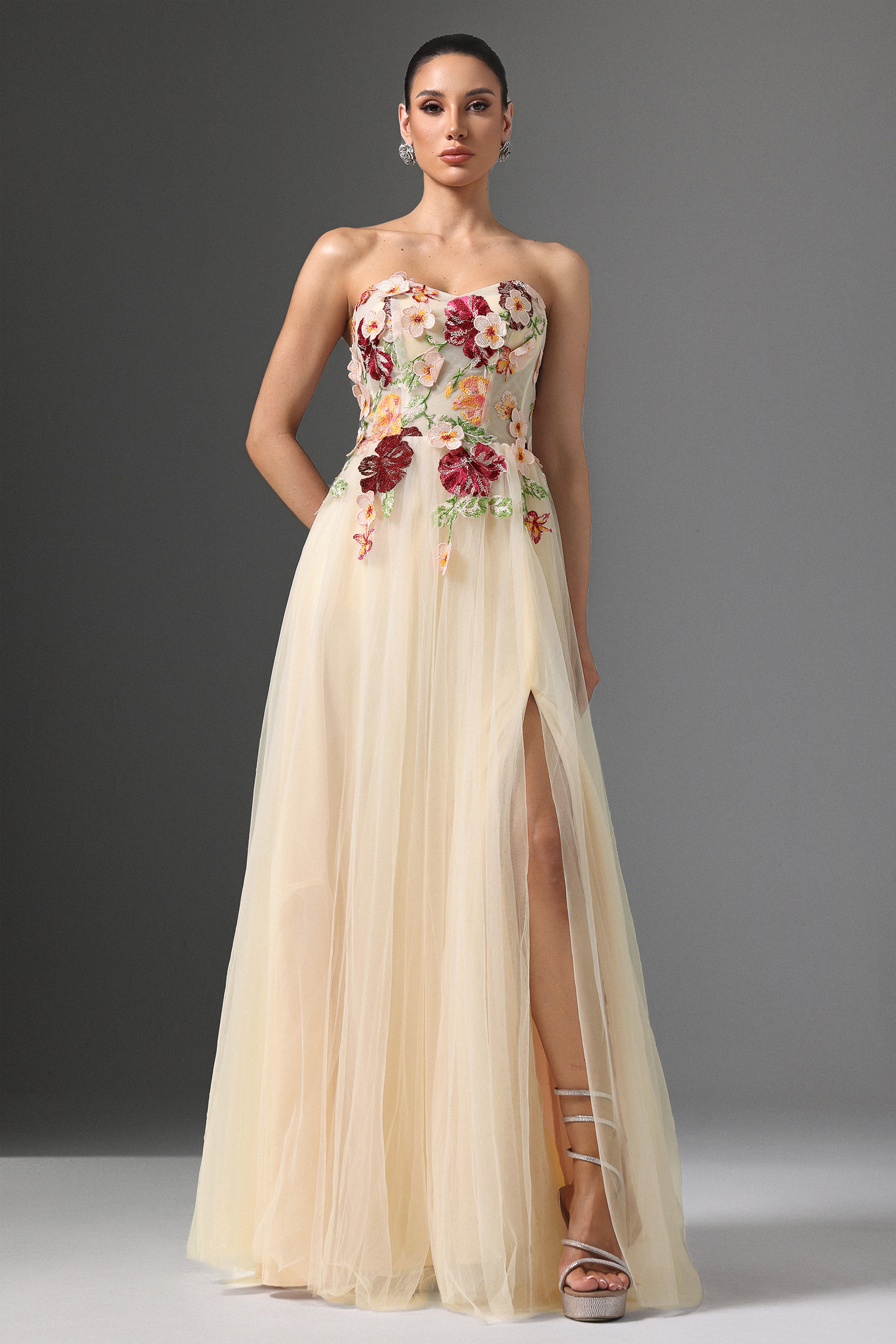 Sophiess Strapless Floral Embroidered High Slit Maxi Dress