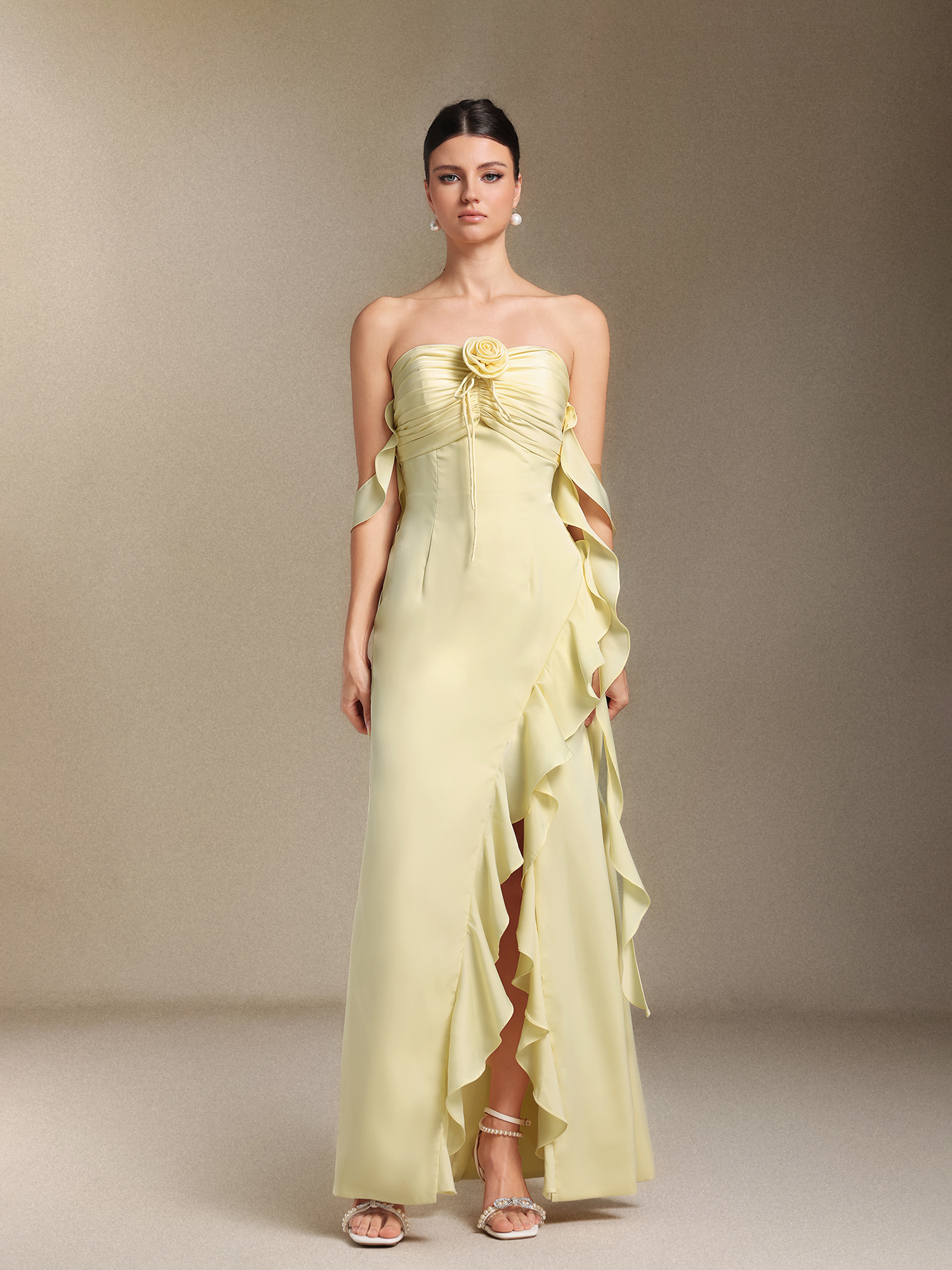Kalene Flower Fold Ribbon Slit maxi wedding dress