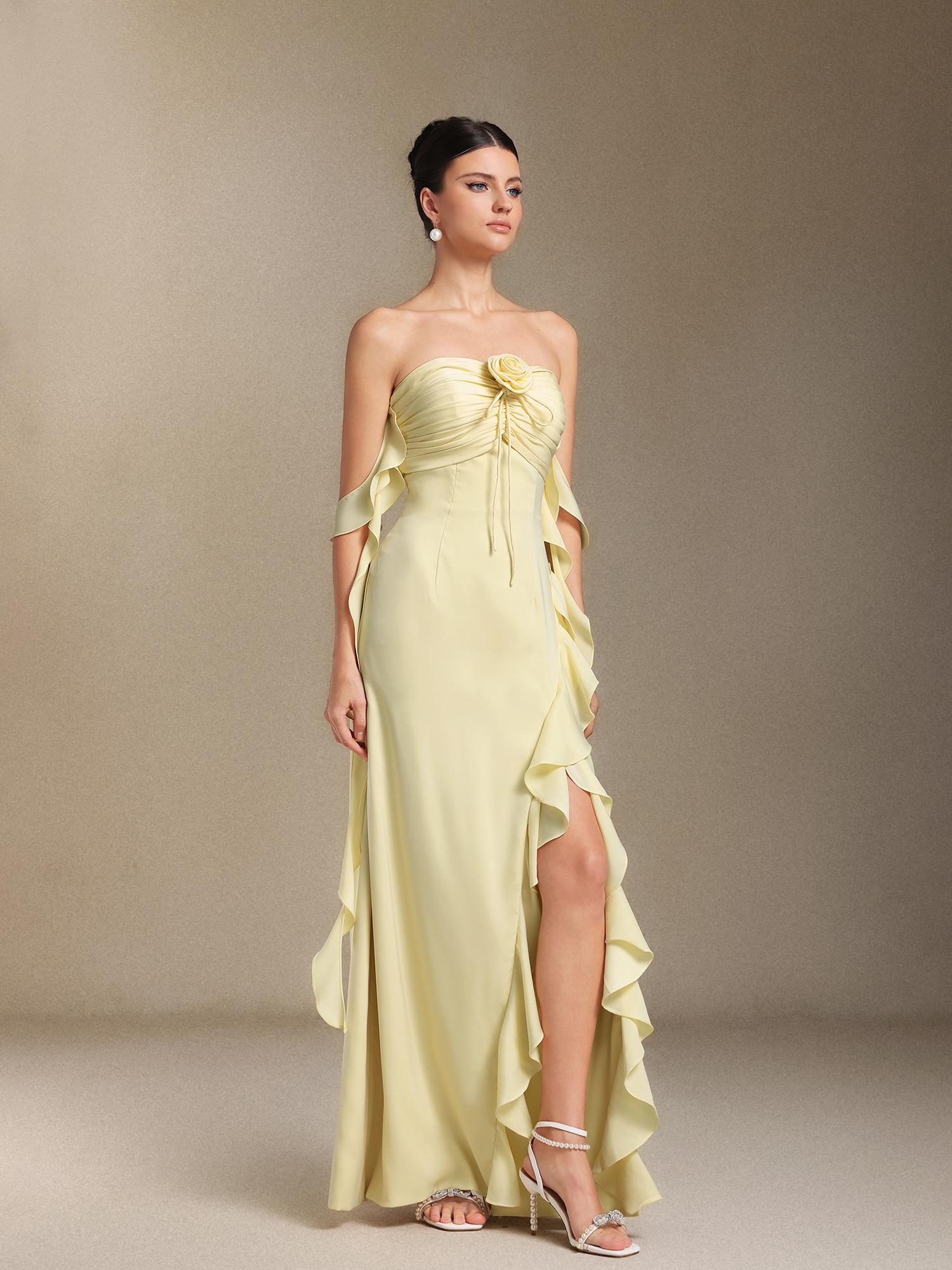 Kalene Flower Fold Ribbon Slit maxi wedding dress