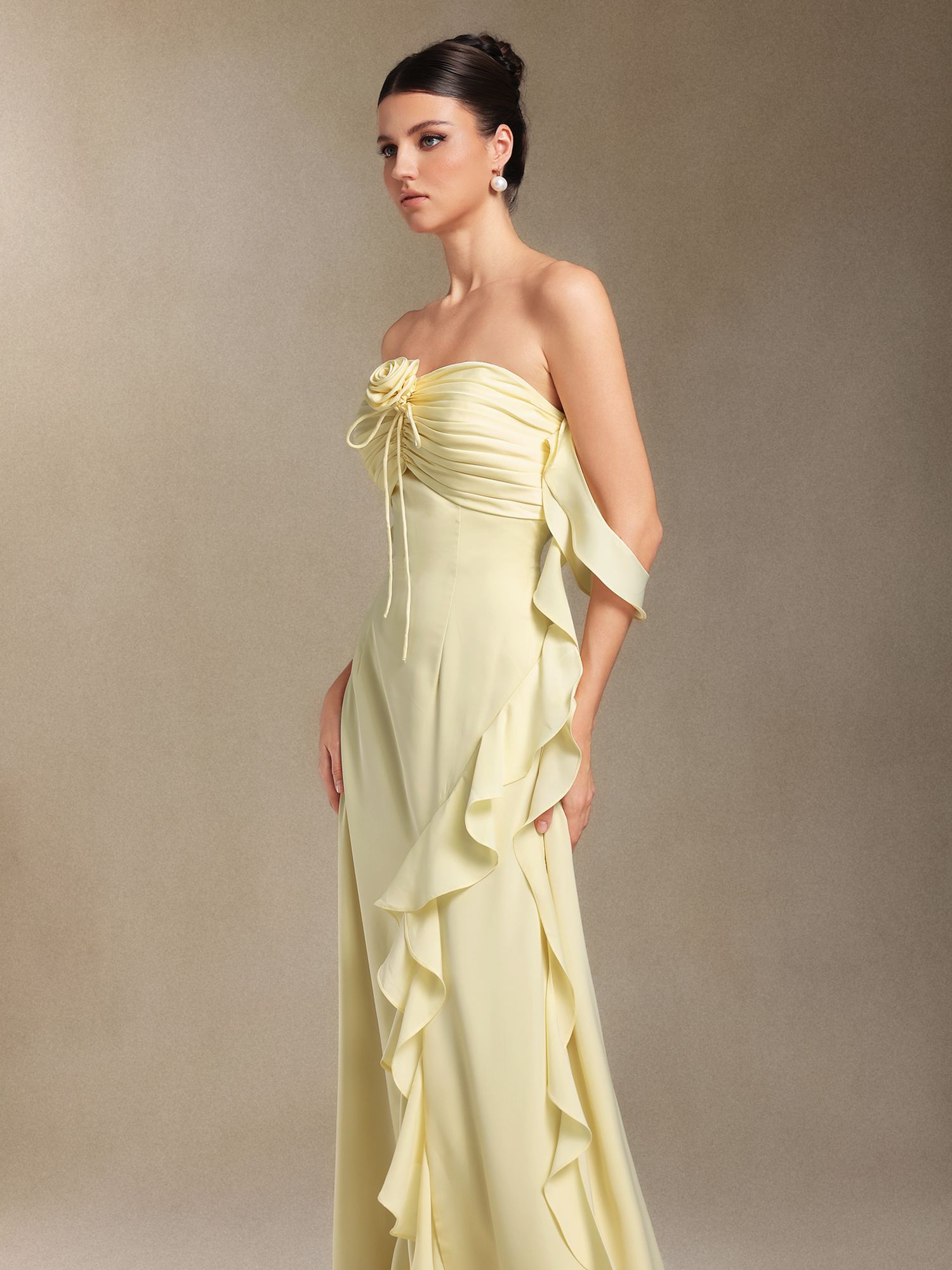 Kalene Flower Fold Ribbon Slit maxi wedding dress