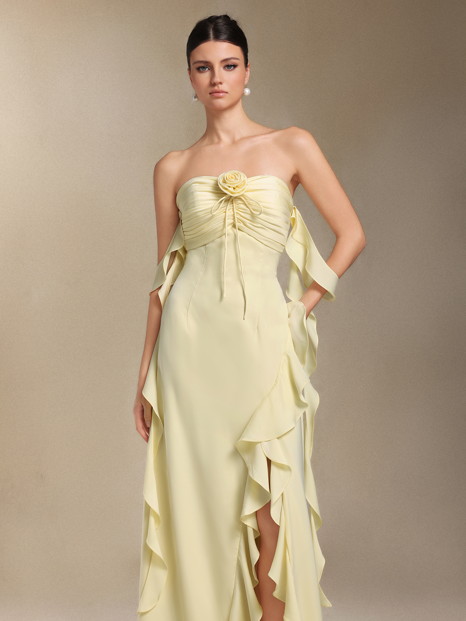 Kalene Flower Fold Ribbon Slit maxi wedding dress