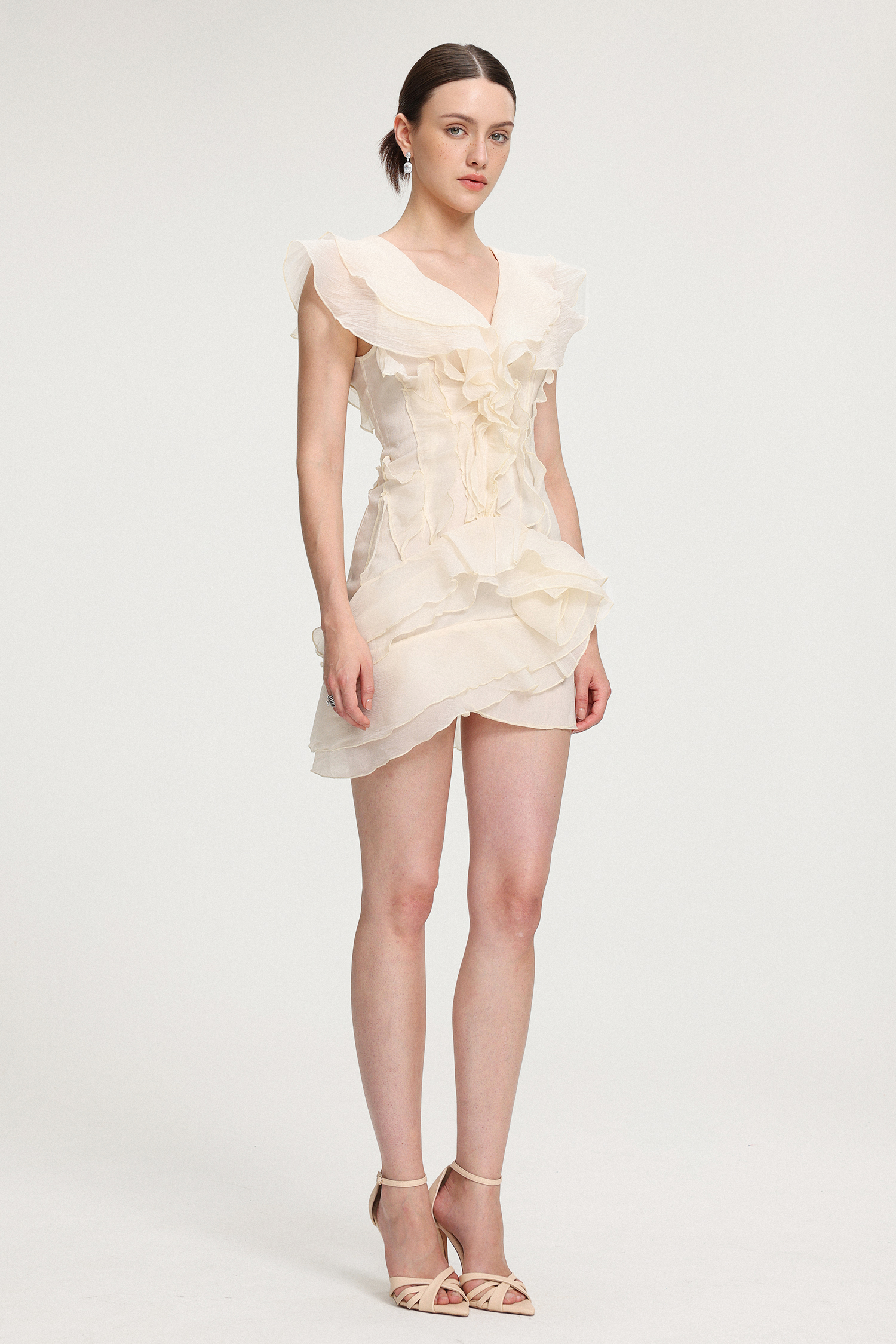 Ruffled V-neck Chiffon Mini Dress