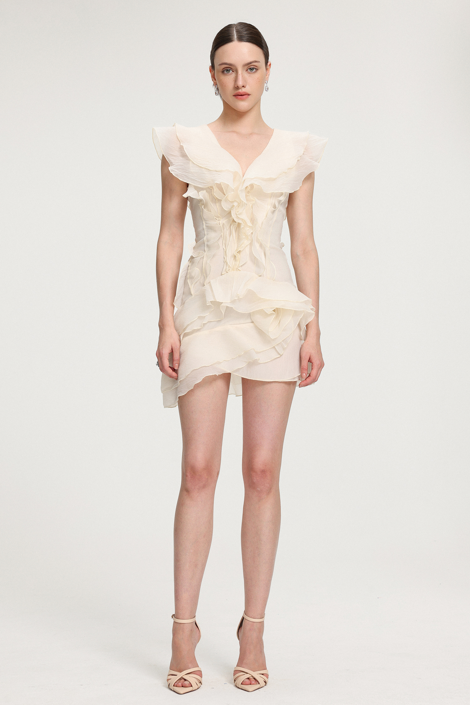 Ruffled V-neck Chiffon Mini Dress