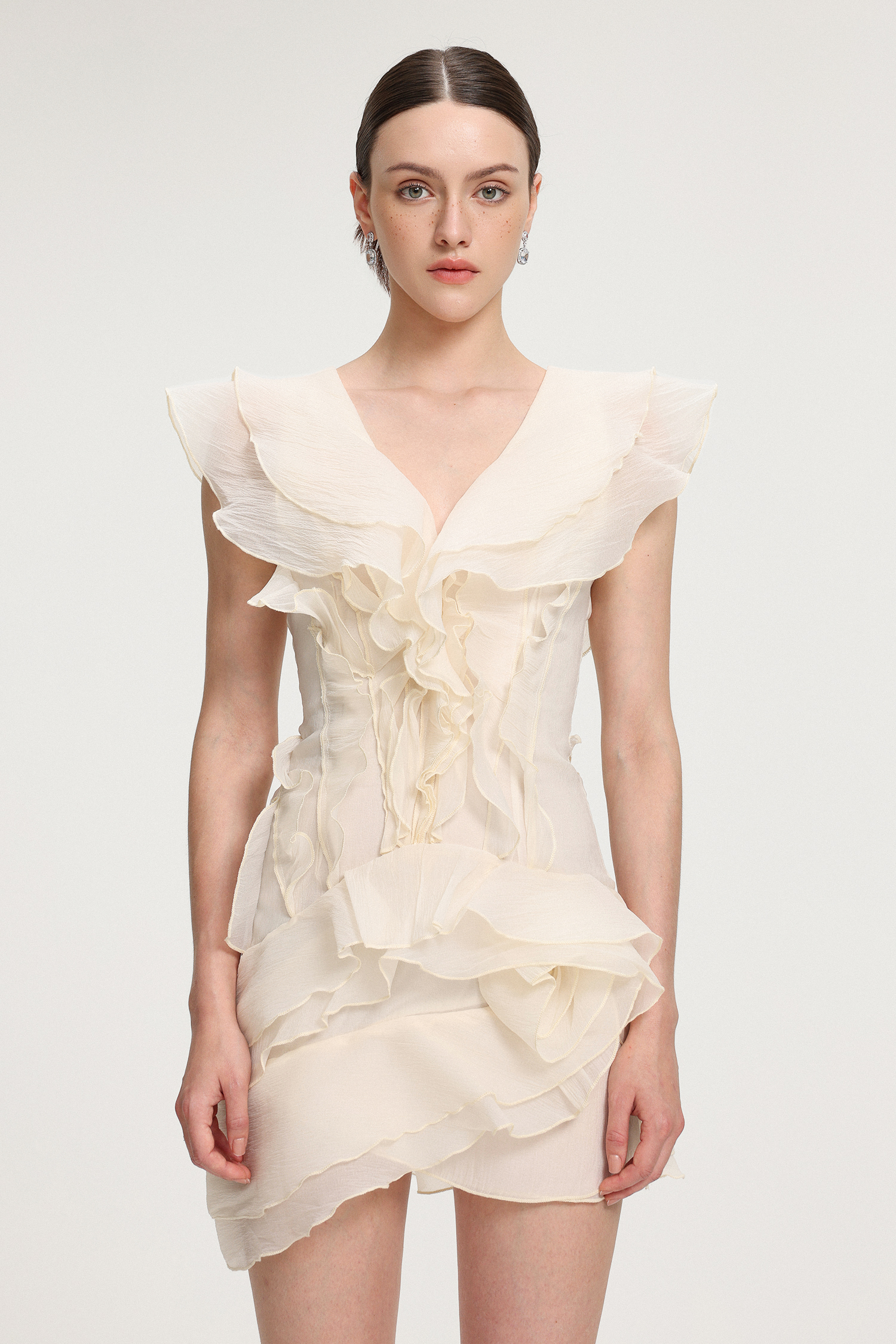 Ruffled V-neck Chiffon Mini Dress