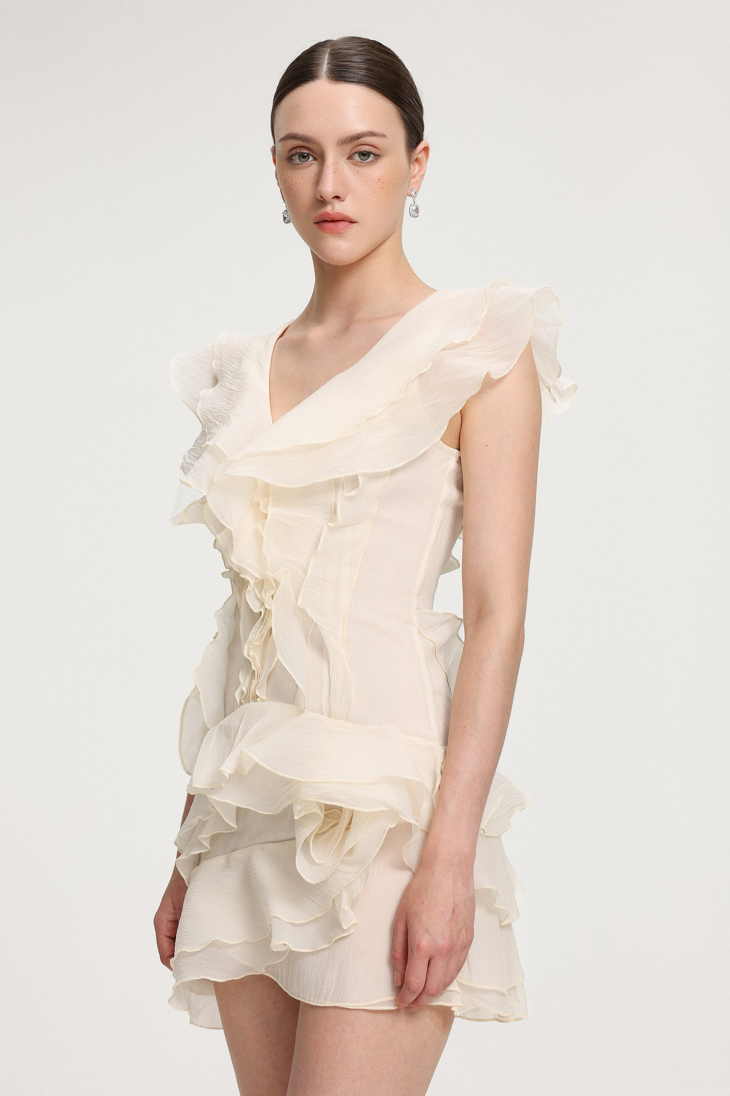 Ruffled V-neck Chiffon Mini Dress