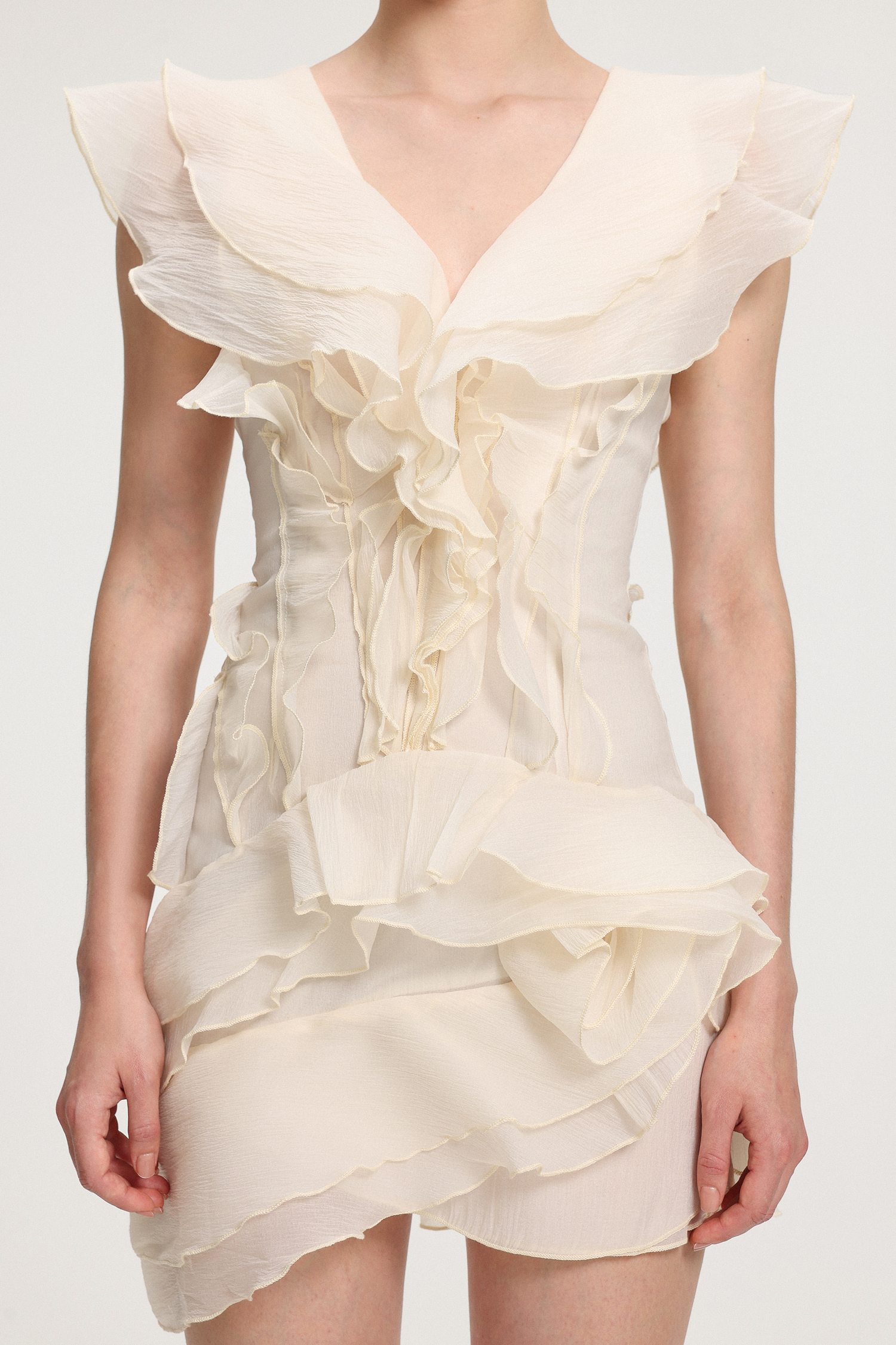 Ruffled V-neck Chiffon Mini Dress