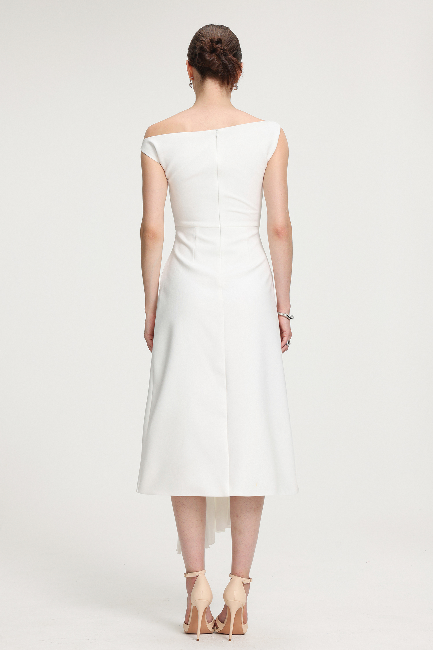 Asymmetric Pleated Crepe Midi Dress