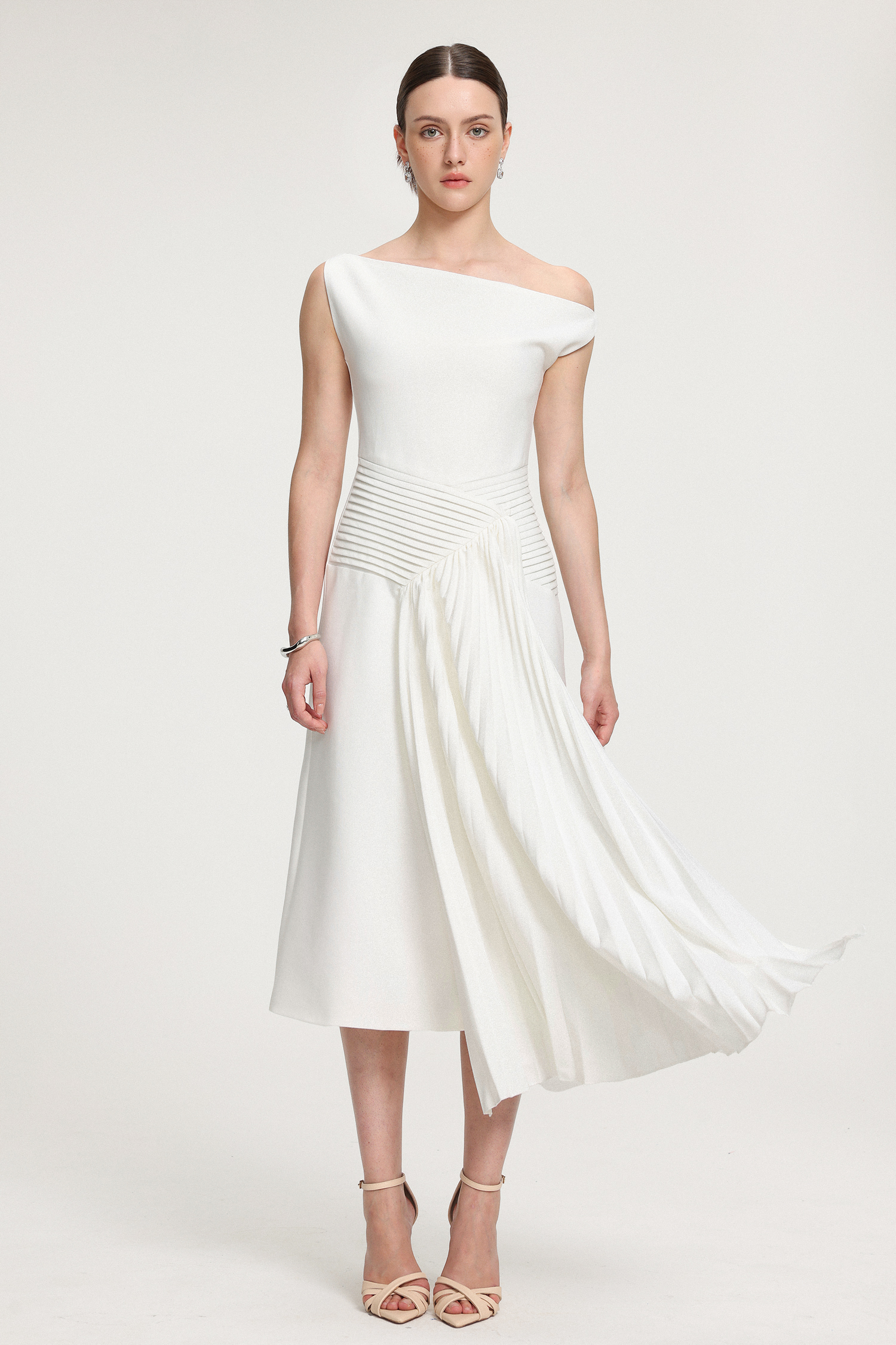 Asymmetric Pleated Crepe Midi Dress