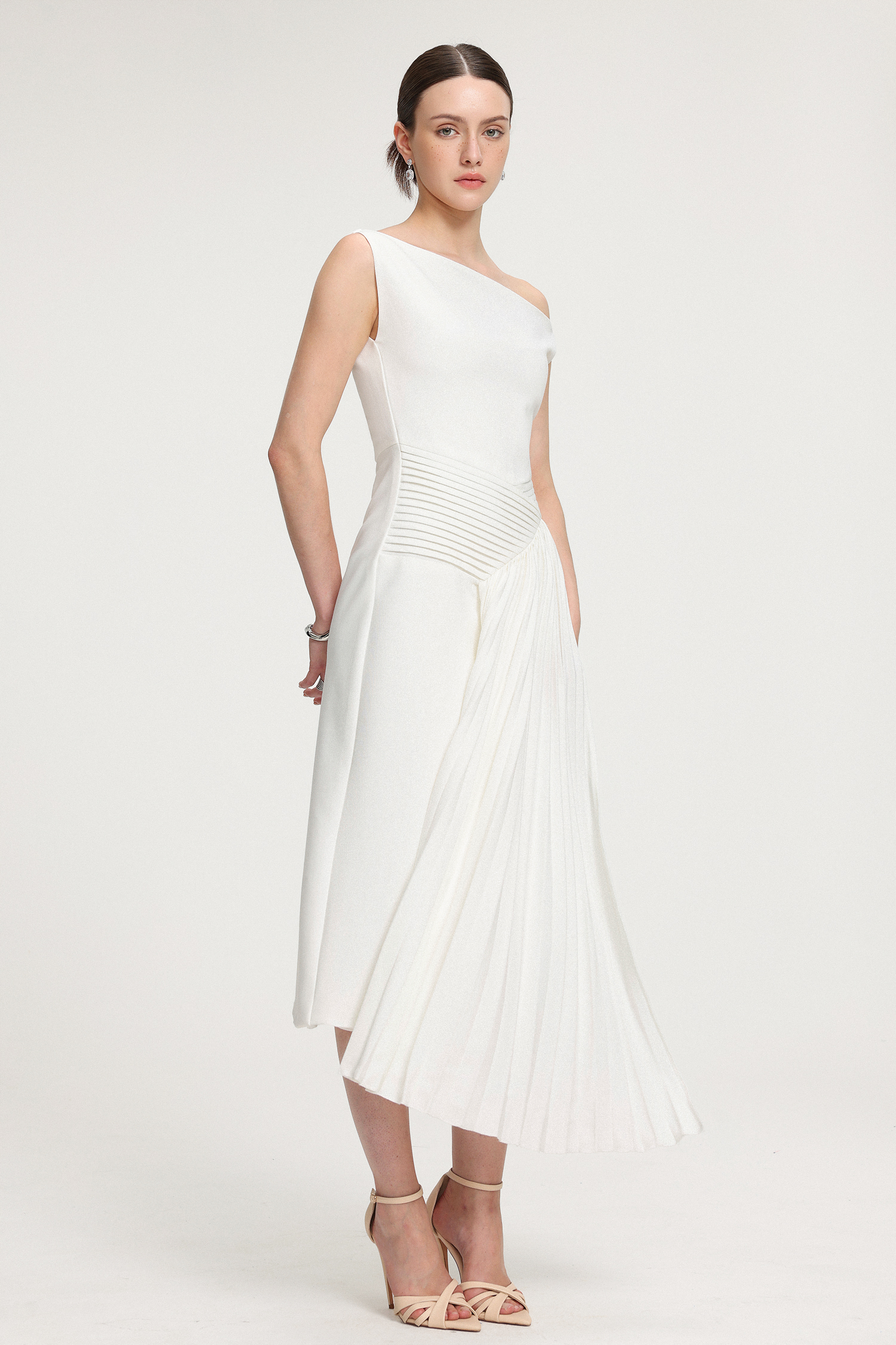 Asymmetric Pleated Crepe Midi Dress