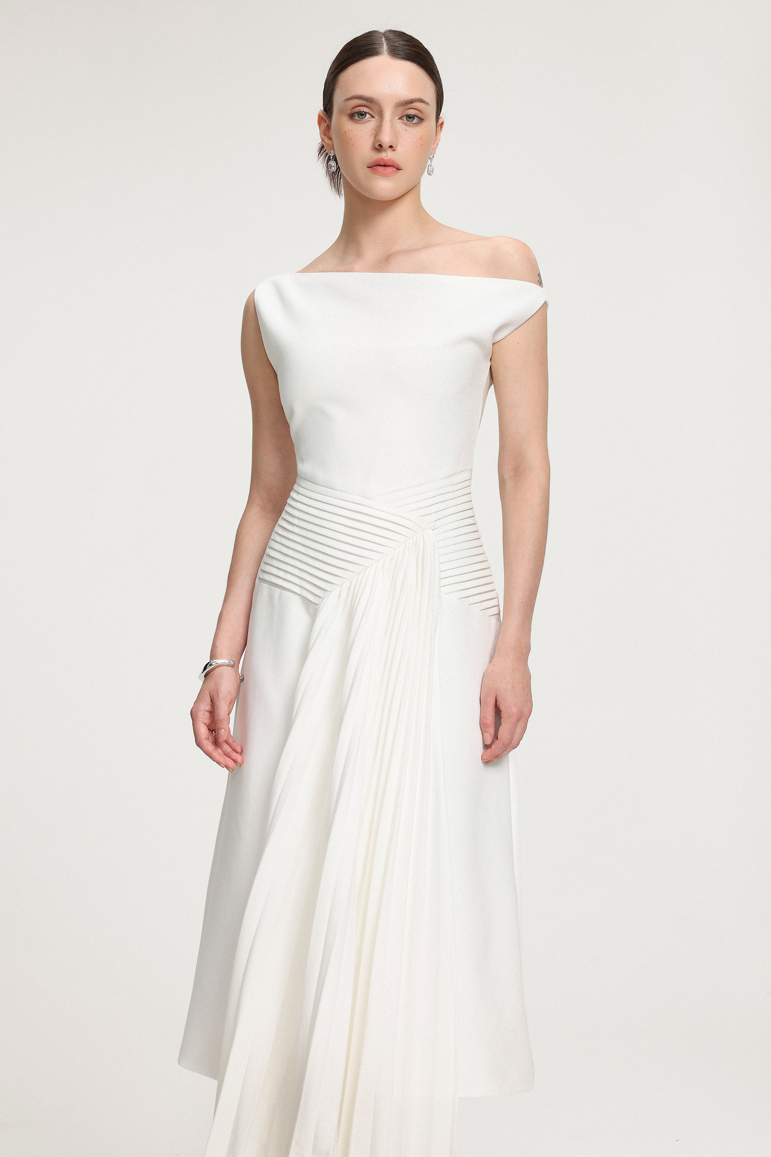 Asymmetric Pleated Crepe Midi Dress