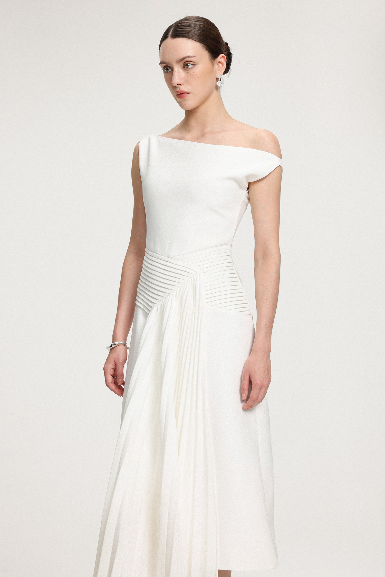 Asymmetric Pleated Crepe Midi Dress