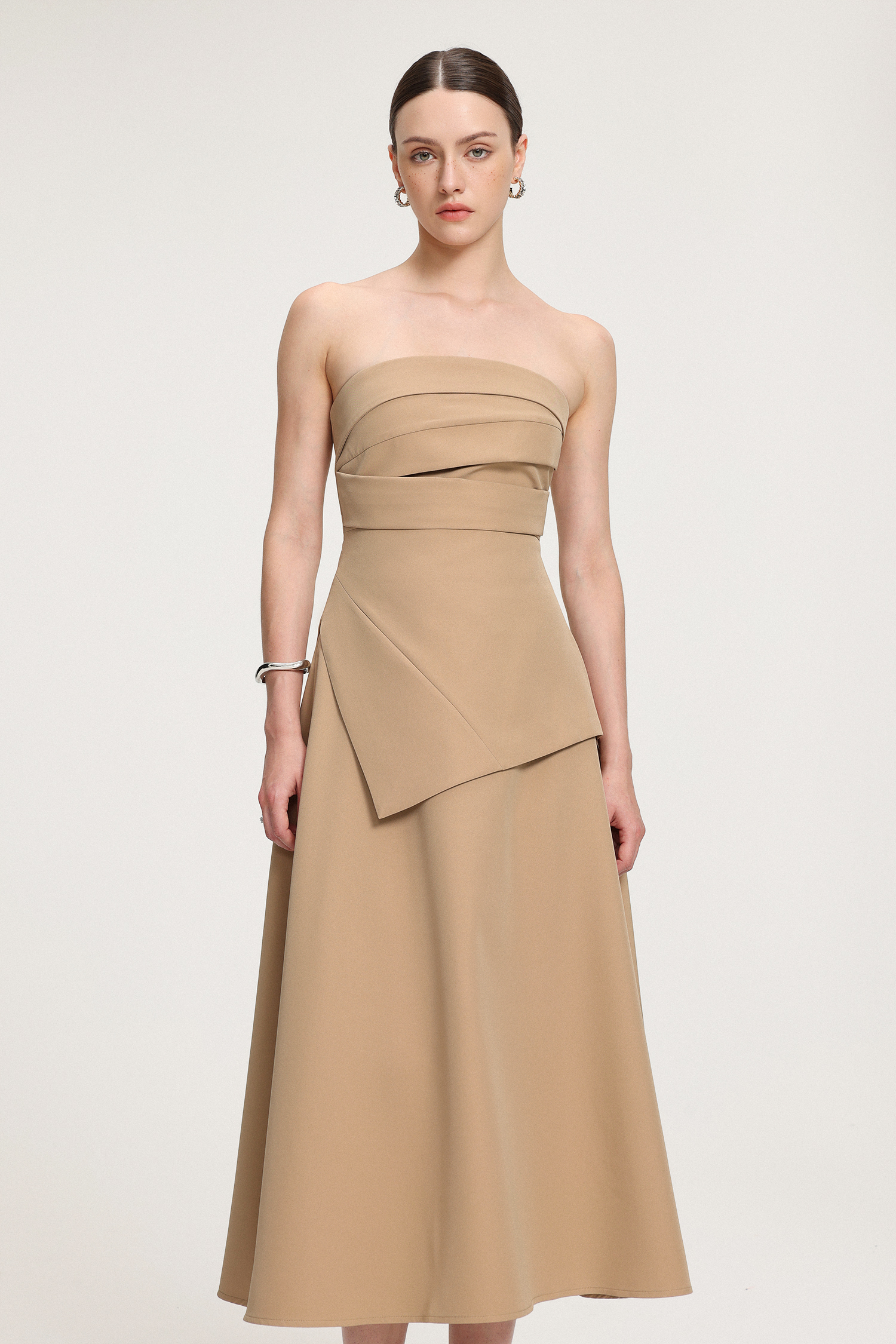 Asymmetric-Draped Crepe Midi Dress