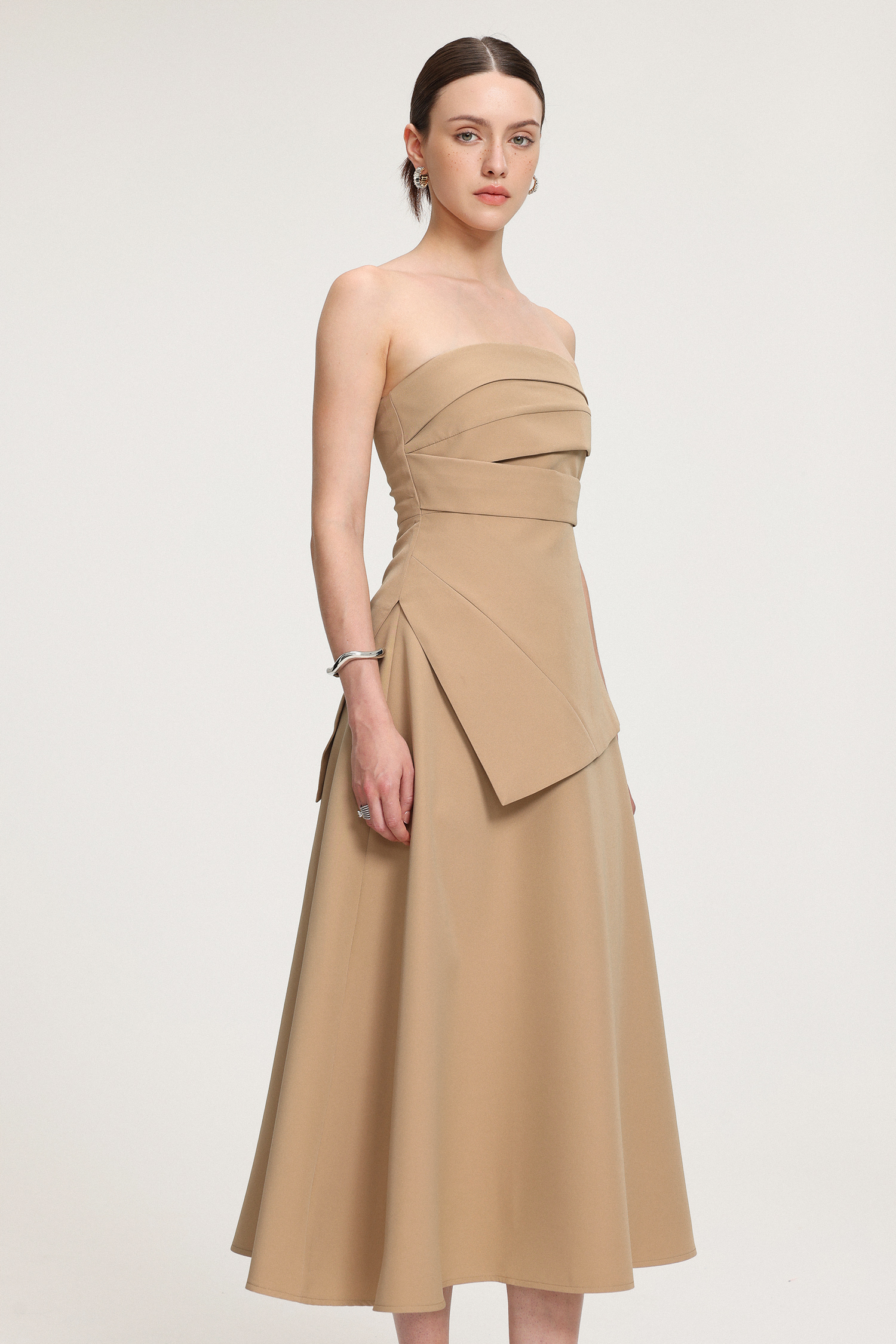 Asymmetric-Draped Crepe Midi Dress