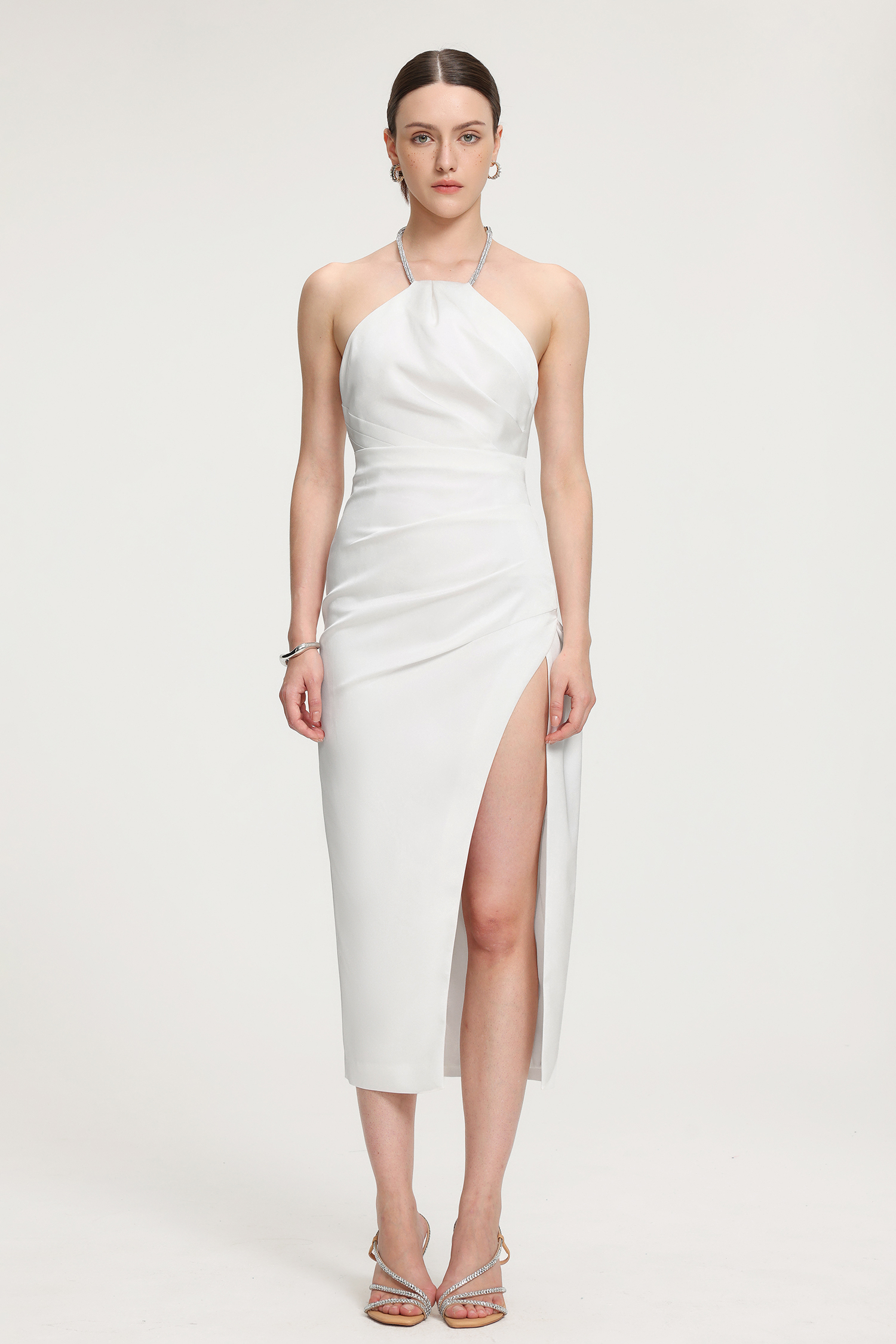 Rhinestone-Strap Ruched Satin Midi Dress