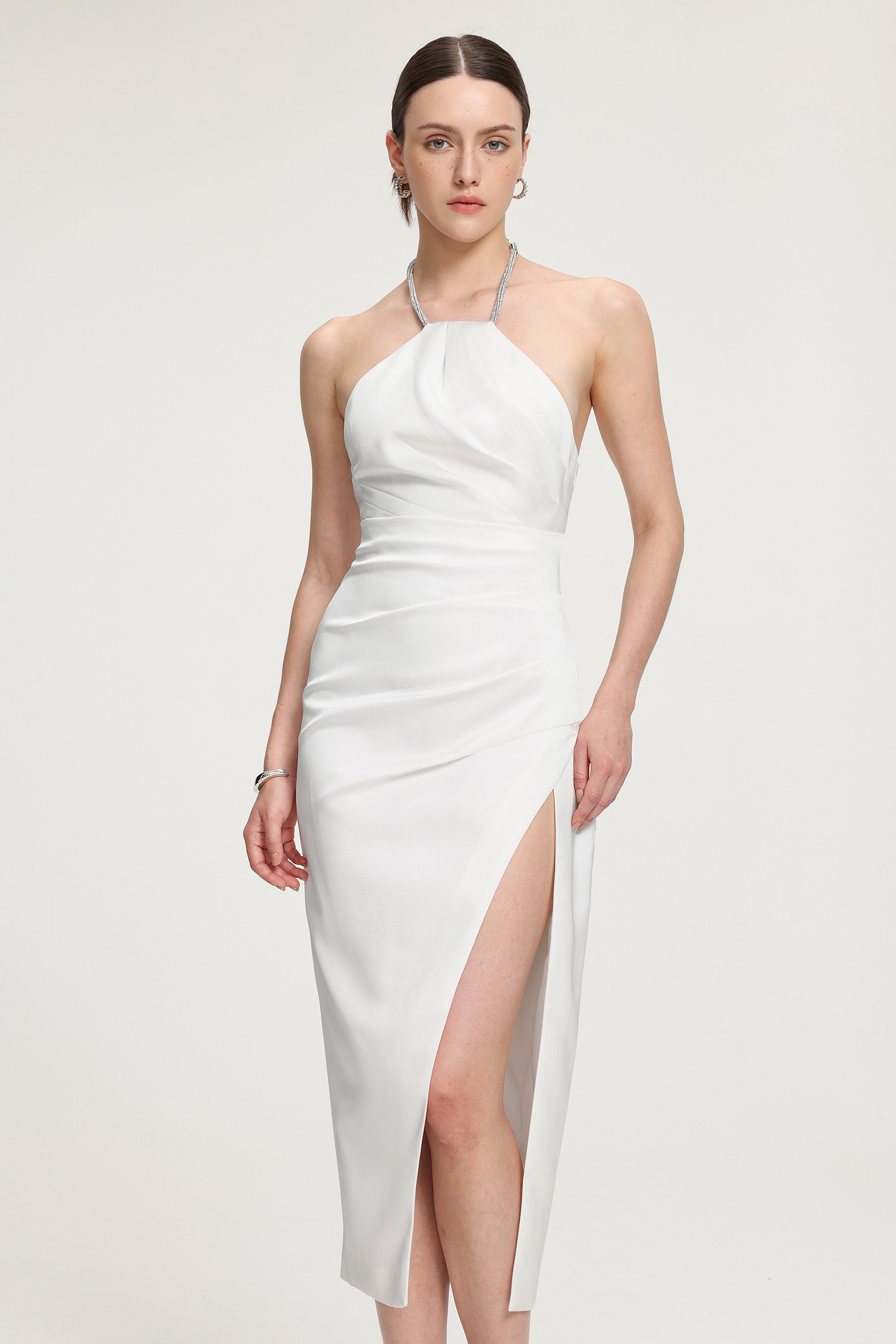 Rhinestone-Strap Ruched Satin Midi Dress