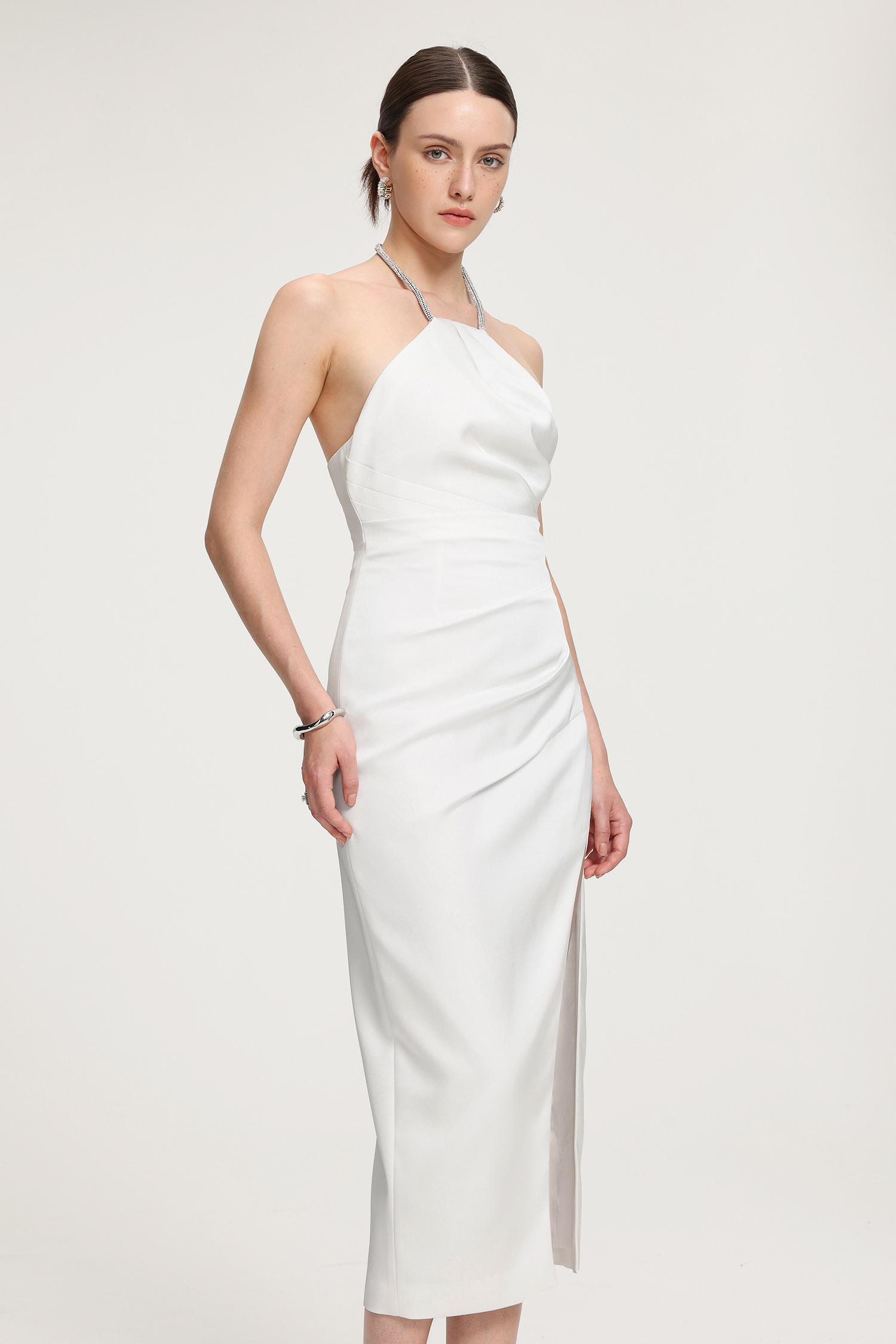 Rhinestone-Strap Ruched Satin Midi Dress