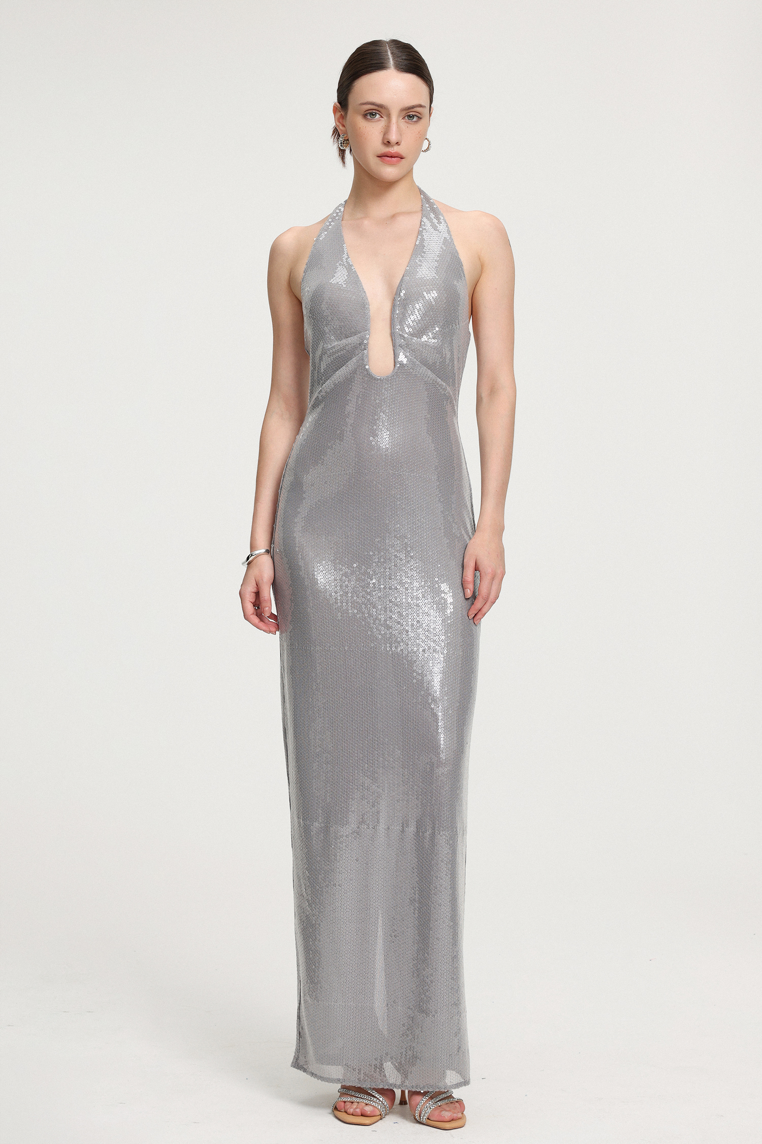 Sequined Halter V-neck Maxi Dress