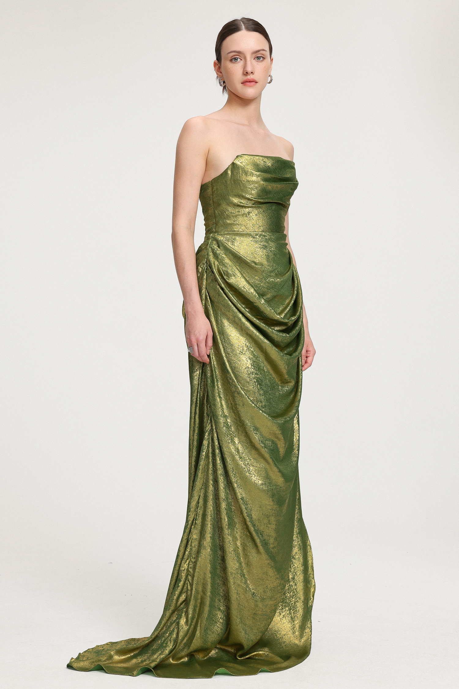 Draped Metallic Strapless Maxi Dress