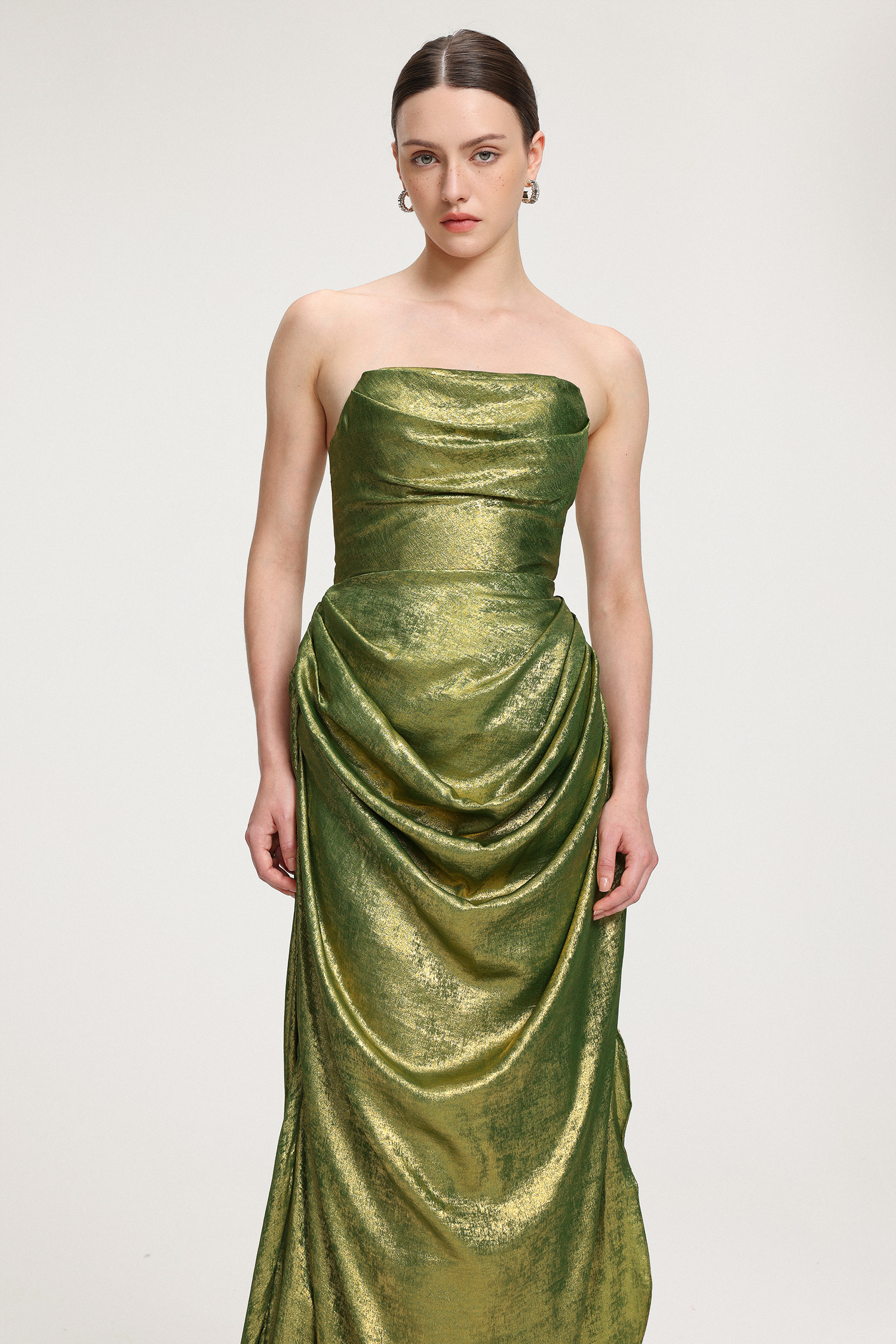 Draped Metallic Strapless Maxi Dress