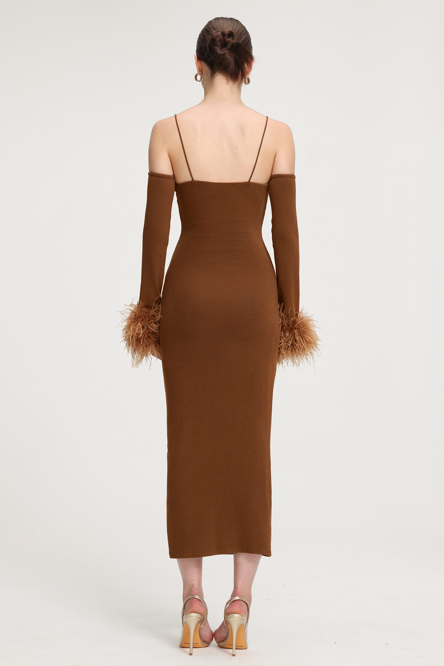 Feather-Cuffed Knit Midi Dress