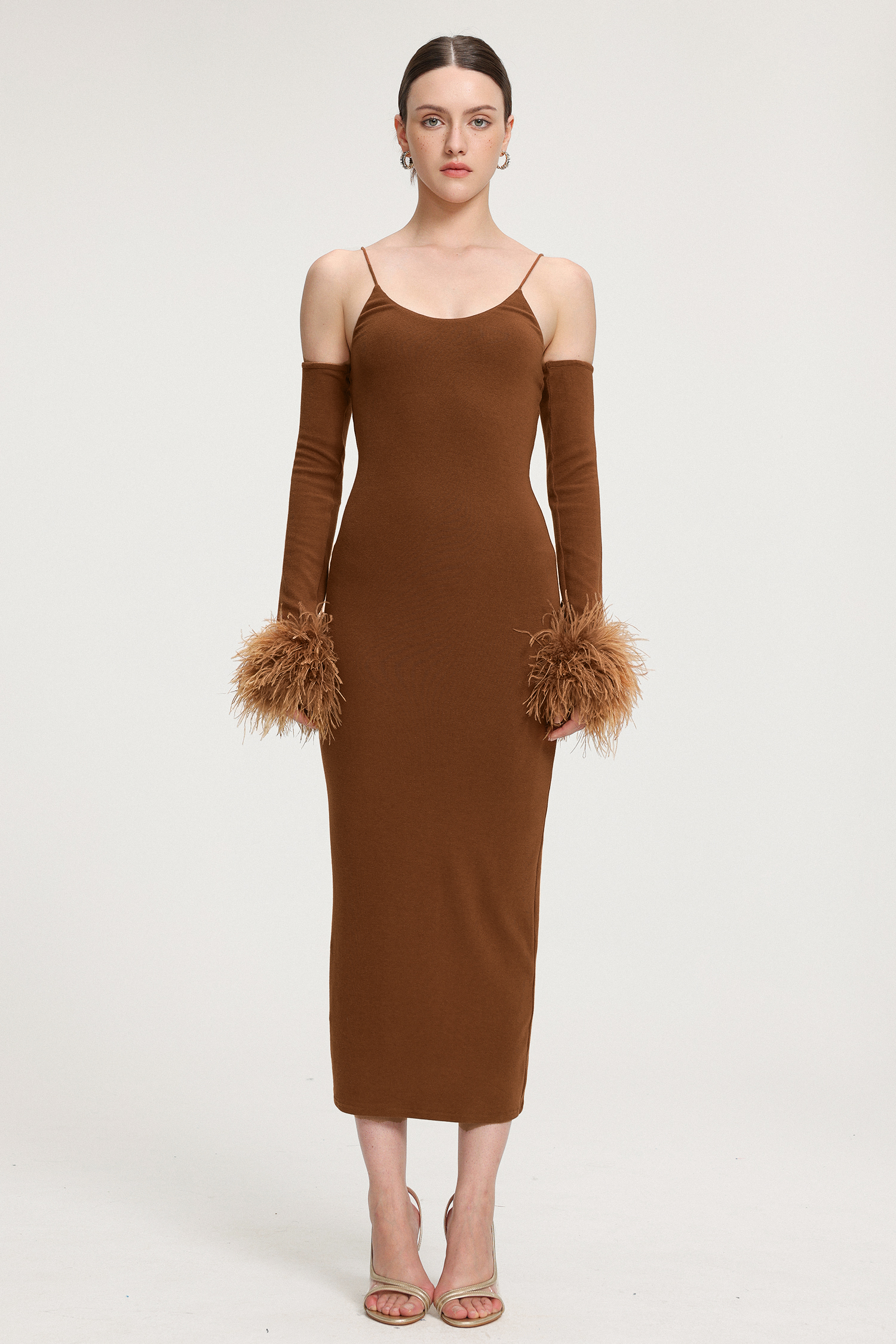 Feather-Cuffed Knit Midi Dress