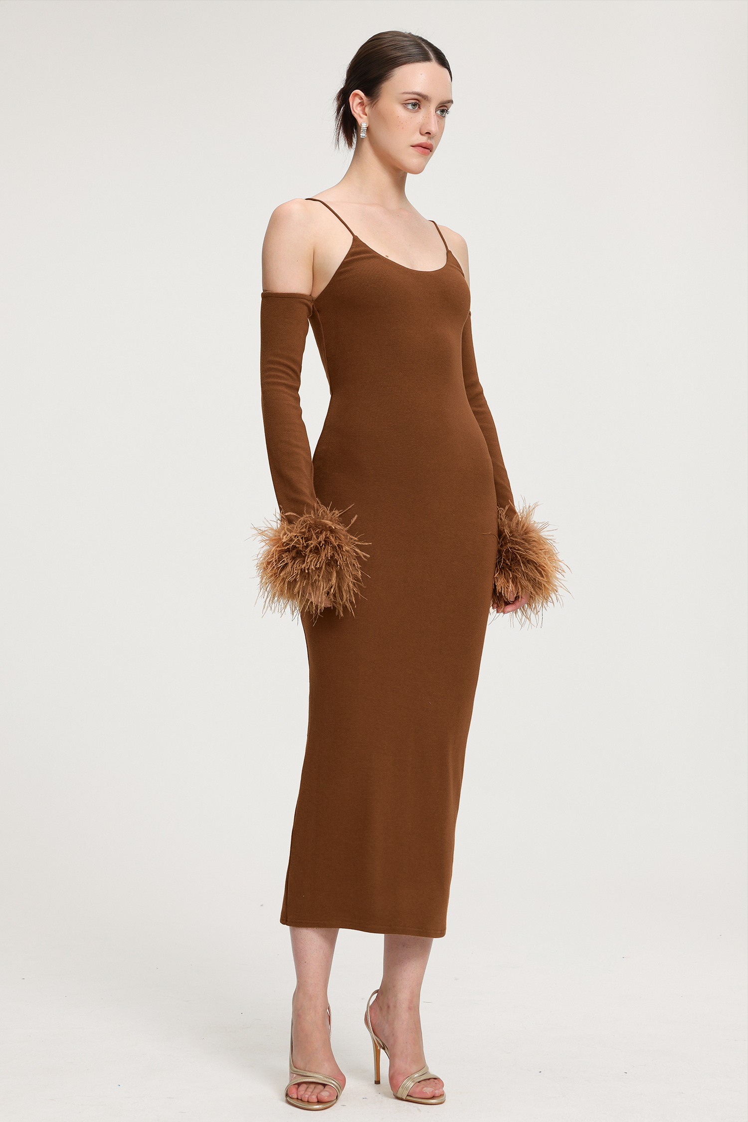 Feather-Cuffed Knit Midi Dress